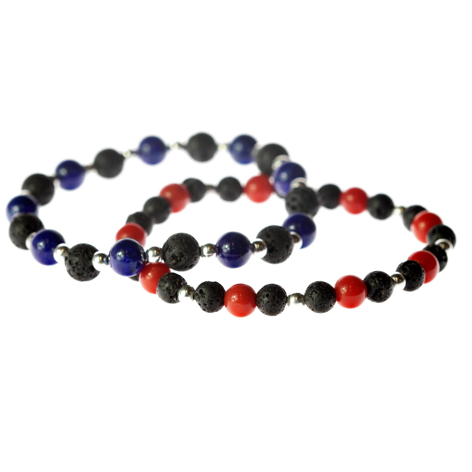 Men's Bamboo Coral Silver Lava Stone Stretch Bracelet Men Jewelry Gift for Him For Sale