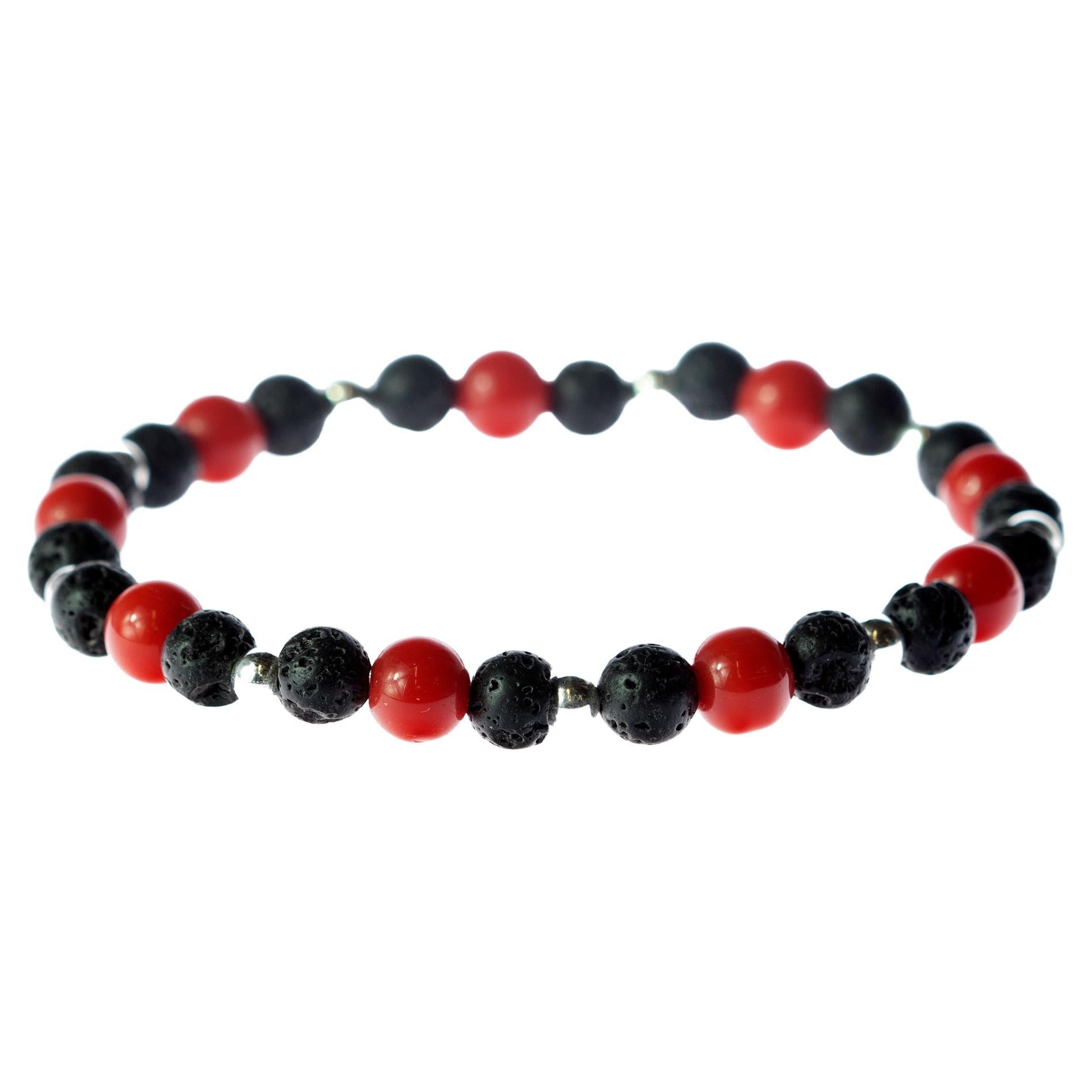 Bamboo Coral Silver Lava Stone Stretch Bracelet Men Jewelry Gift for Him For Sale