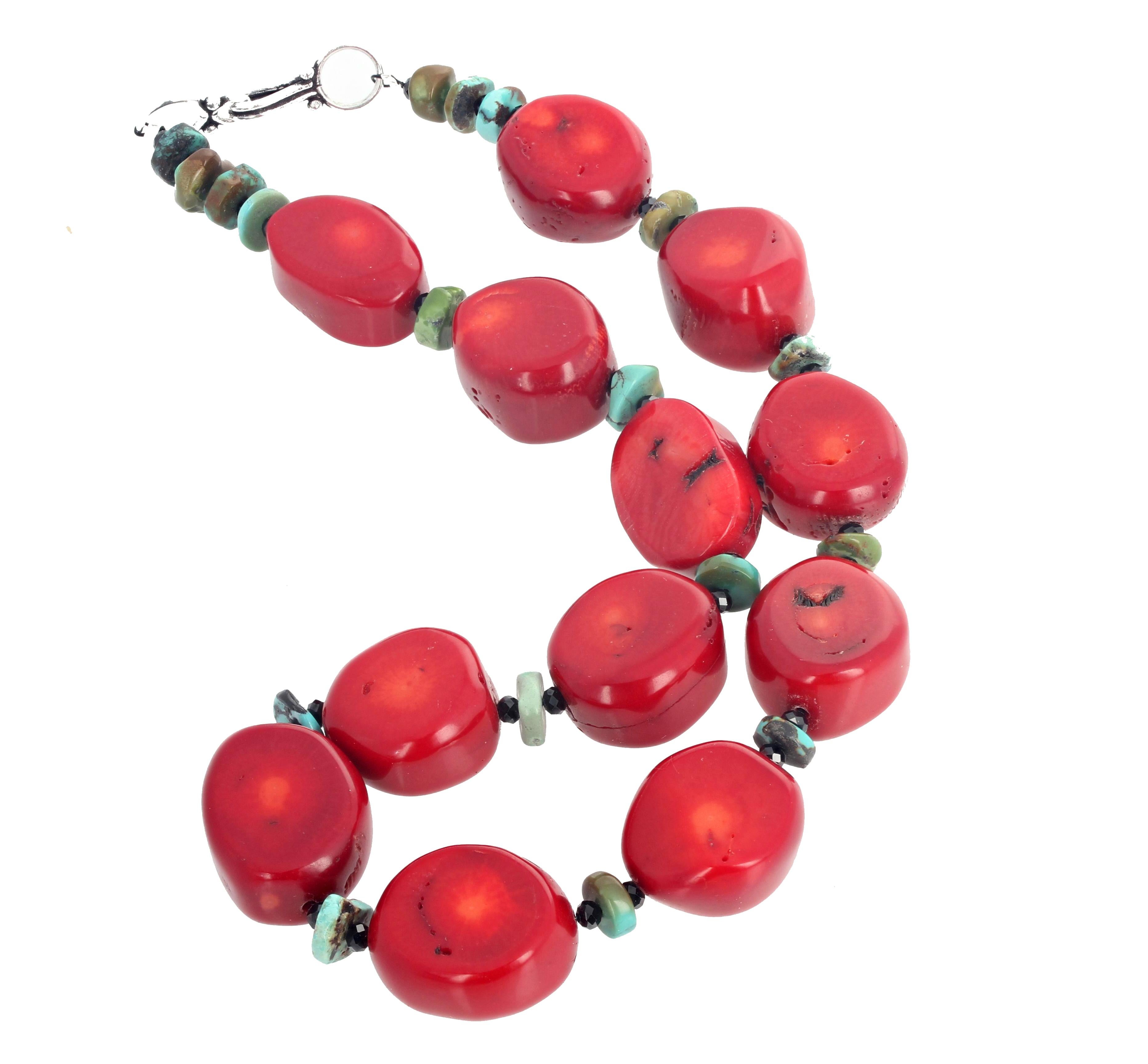 Beautiful natural polished red Bamboo Coral accented with Blue/green natural Turquoise rondels and enhanced with sparkling gem cut natural black Spinel set in an elegant necklace with a sterling silver hook clasp.  This goes everywhere all day and