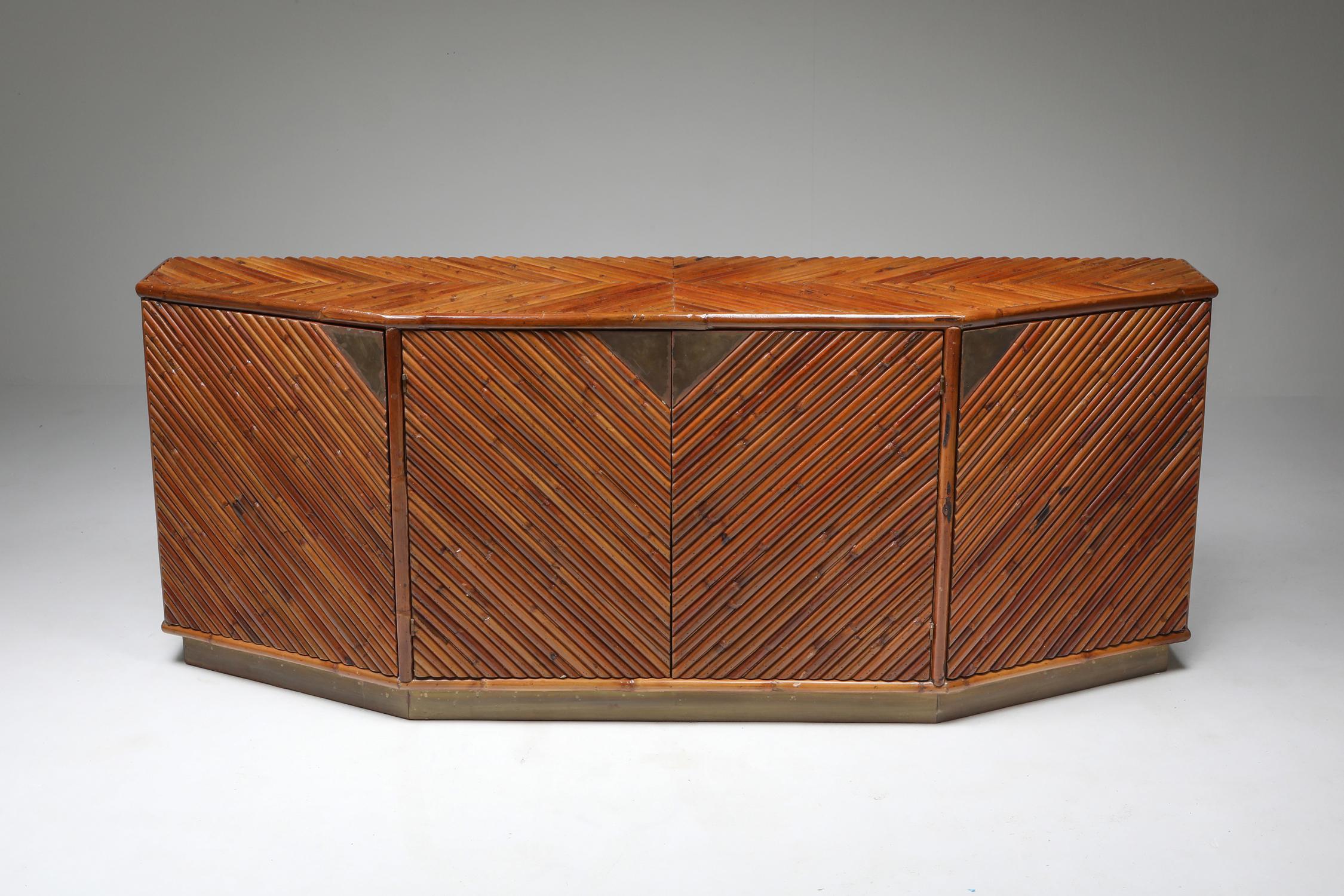 Tropicalist bamboo sideboard by Vivai del Sud, Italy, 1970s. Great Italian glam piece that fits well in an eclectic Hollywood Regency interior. The credenza has four doors with 2 shelves.