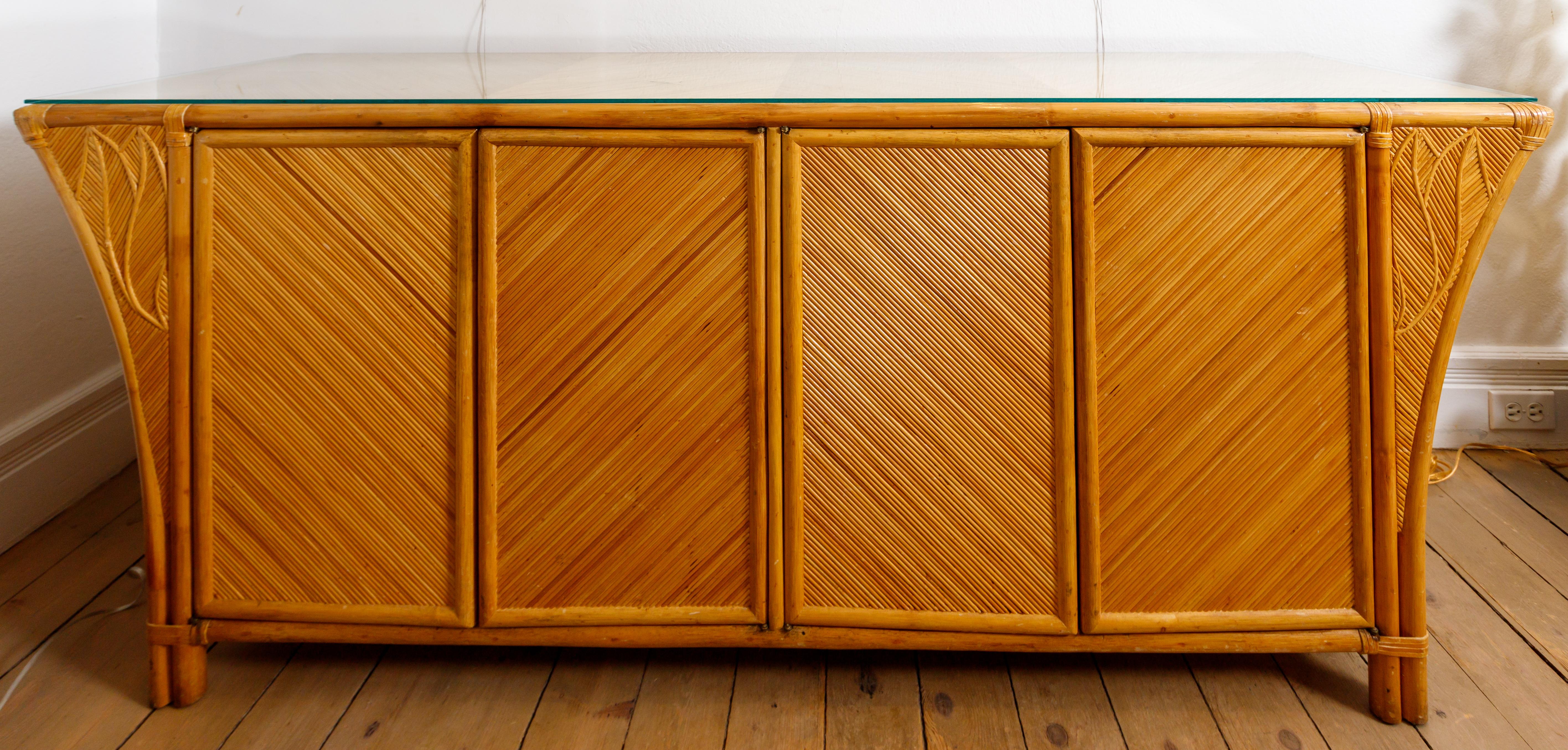 Modern Bamboo Credenza Featuring Four Doors, Interior Shelving and Glass Top For Sale