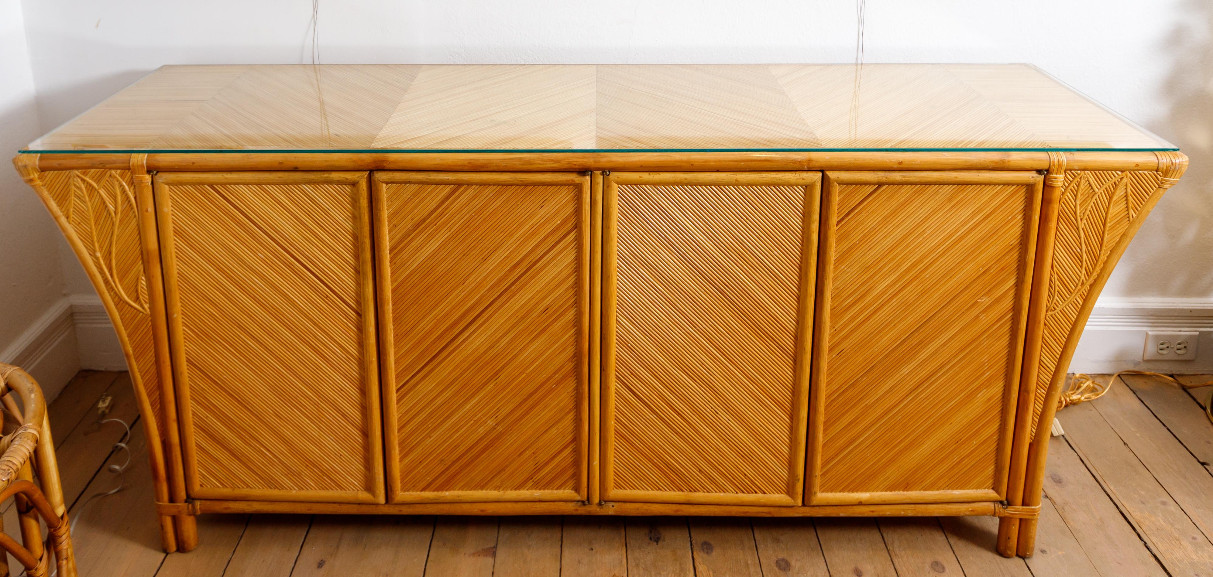 American Bamboo Credenza Featuring Four Doors, Interior Shelving and Glass Top For Sale
