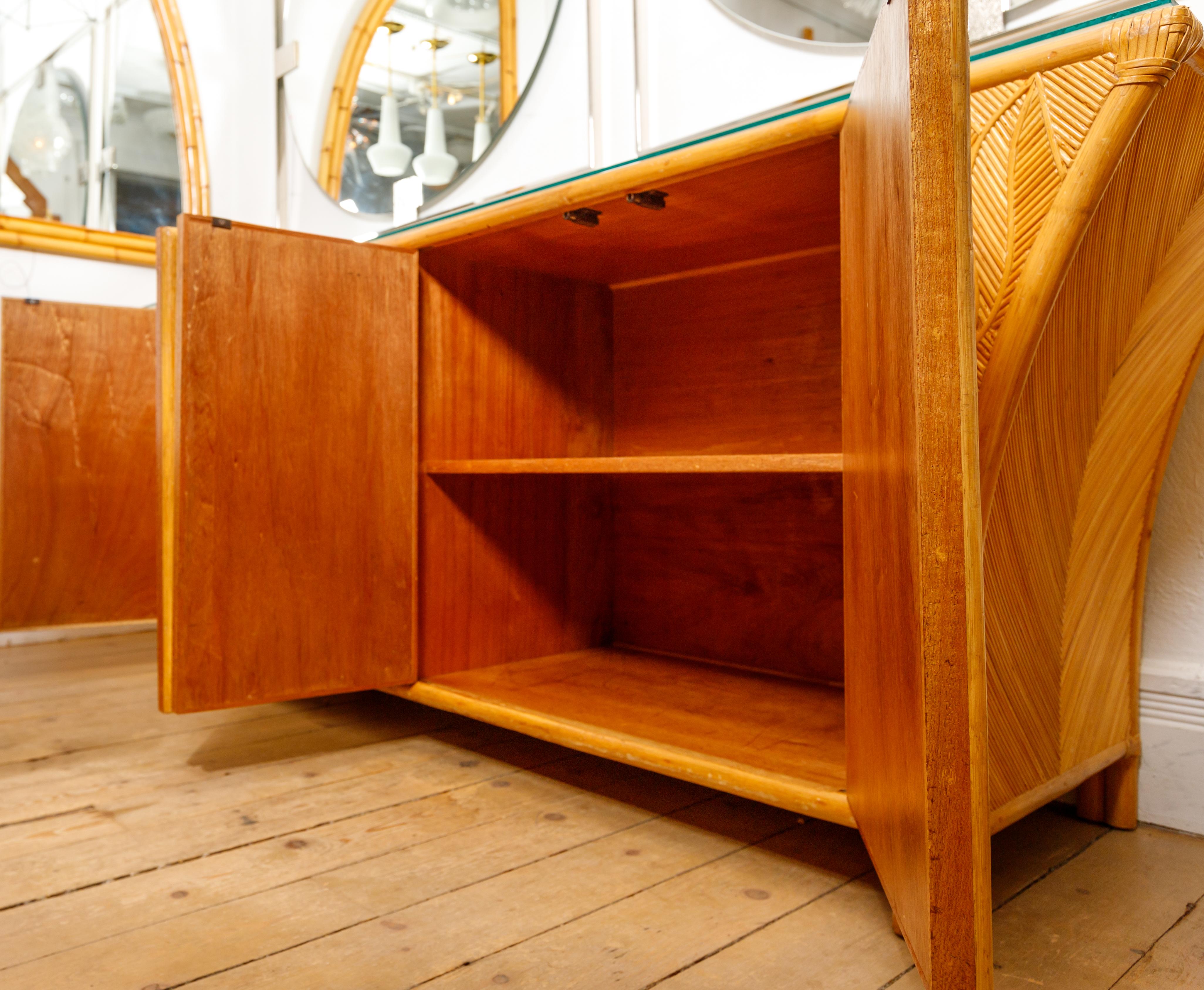 Bamboo Credenza Featuring Four Doors, Interior Shelving and Glass Top In Good Condition For Sale In Bridgehampton, NY