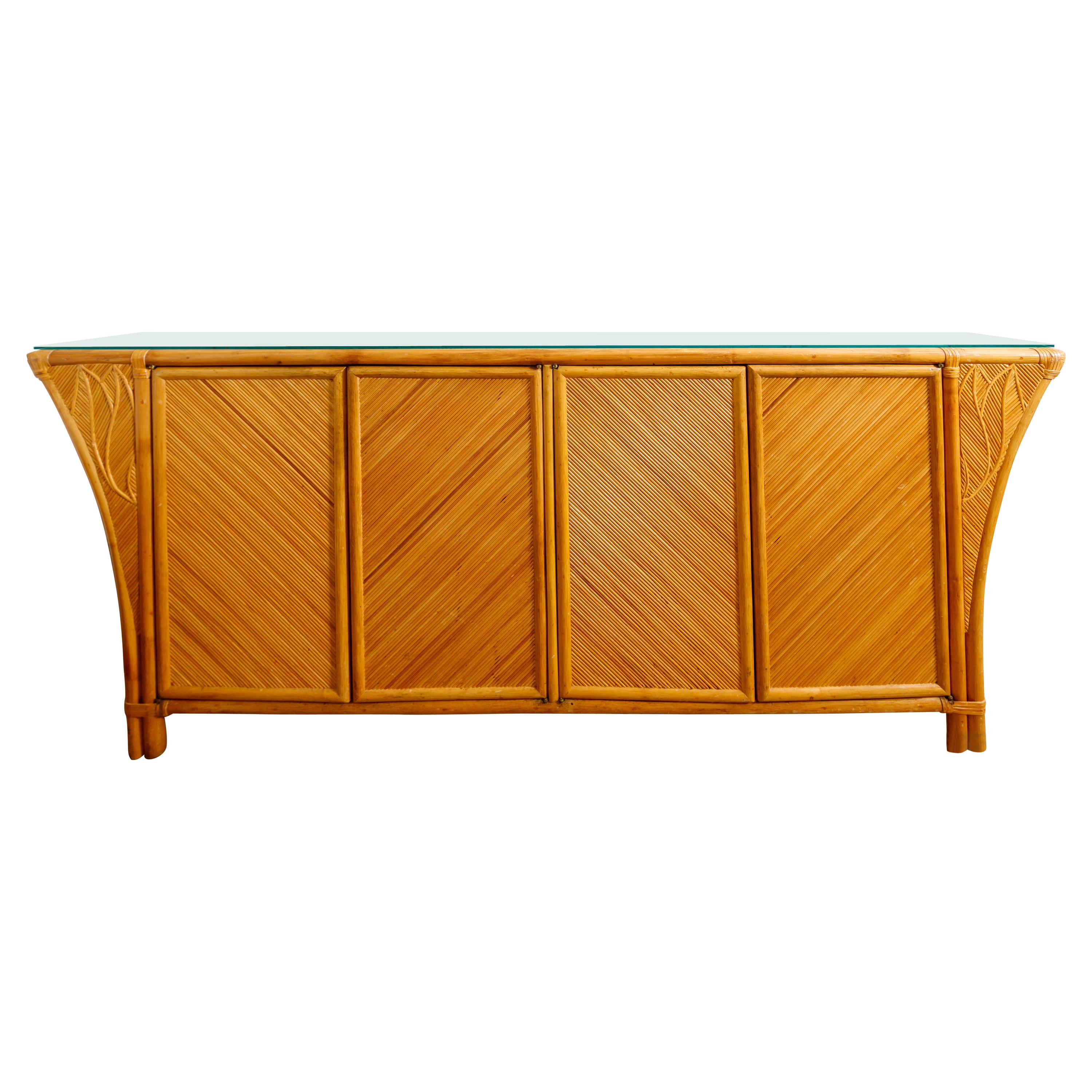 Bamboo Credenza Featuring Four Doors, Interior Shelving and Glass Top For Sale