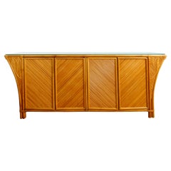 Retro Bamboo Credenza Featuring Four Doors, Interior Shelving and Glass Top
