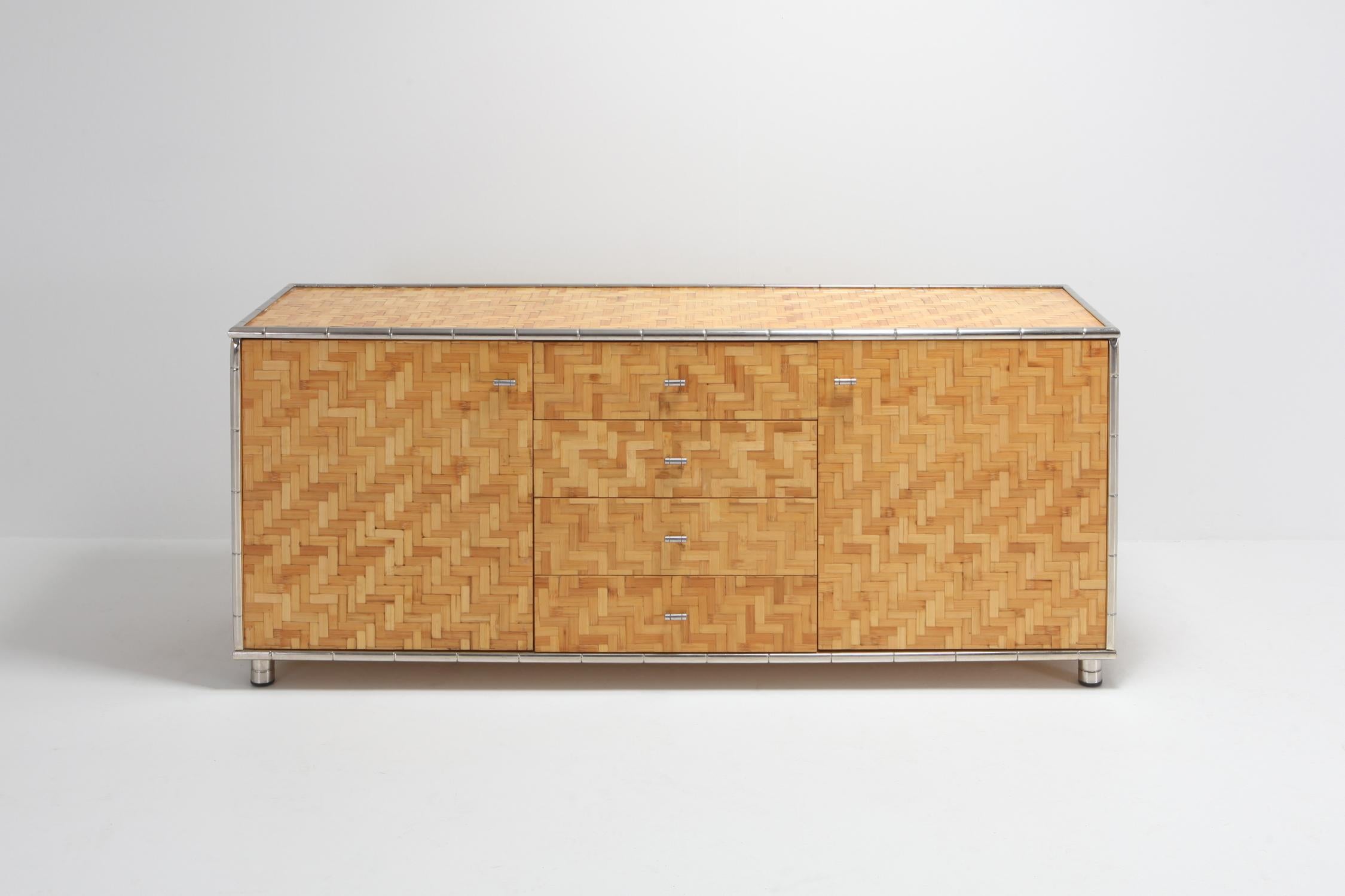 Hollywood Regency Bamboo Credenza with Faux Bamboo Chrome Frame Gabriella Crespi Style