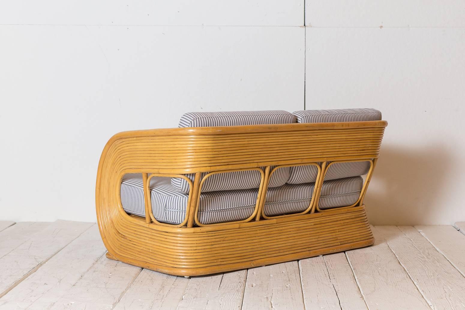 Bamboo Deco Curved Settee Upholstered in Blue and White Striped Ticking Fabric In Excellent Condition In Los Angeles, CA