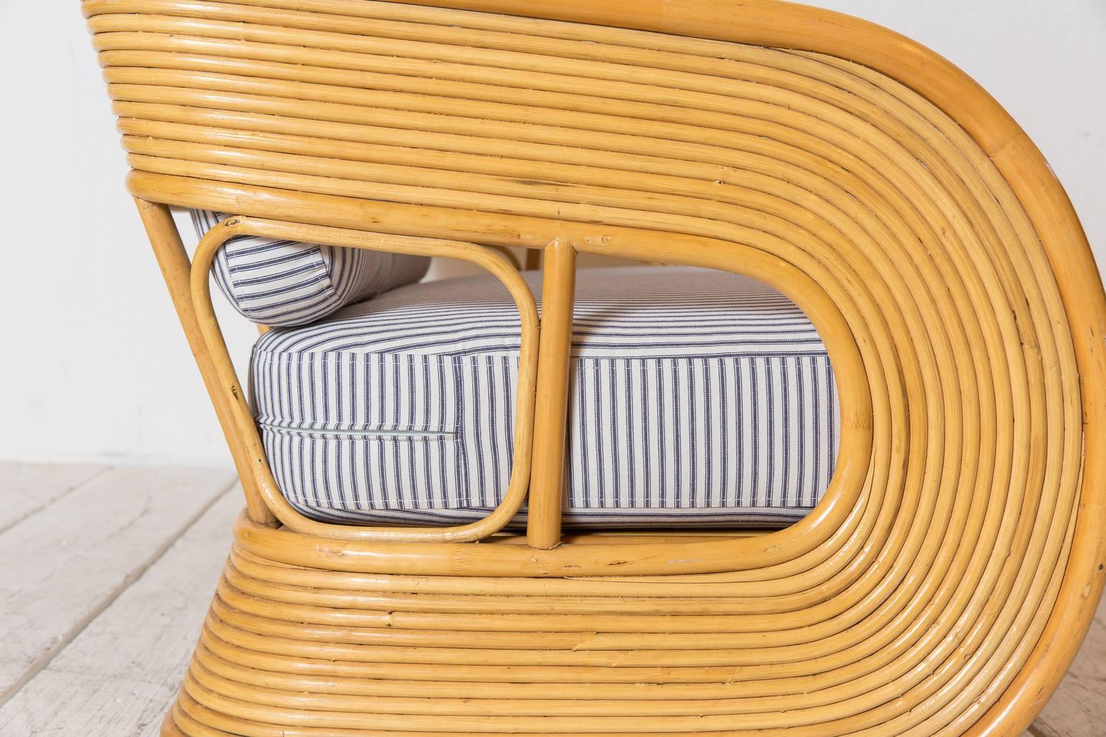 Bamboo Deco Curved Settee Upholstered in Blue and White Striped Ticking Fabric 2