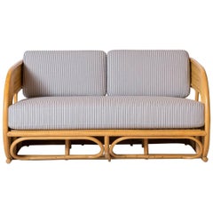 Bamboo Deco Curved Settee Upholstered in Blue and White Striped Ticking Fabric
