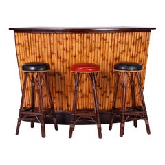 Vintage Bamboo Demilune Bar and Three Stools