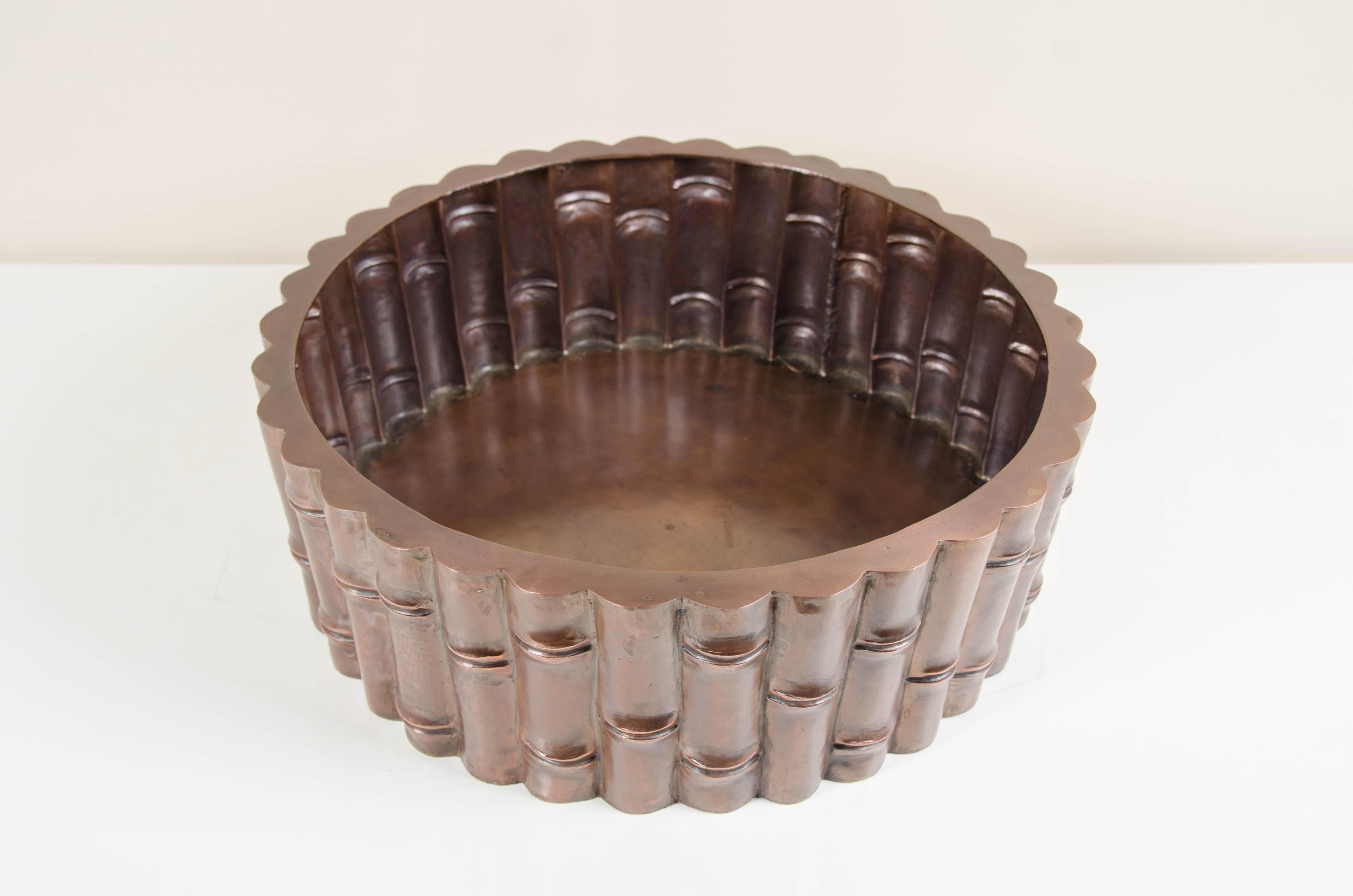 Repoussé Bamboo Design Low Cachepot, Antique Copper by Robert Kuo, Limited Edition For Sale