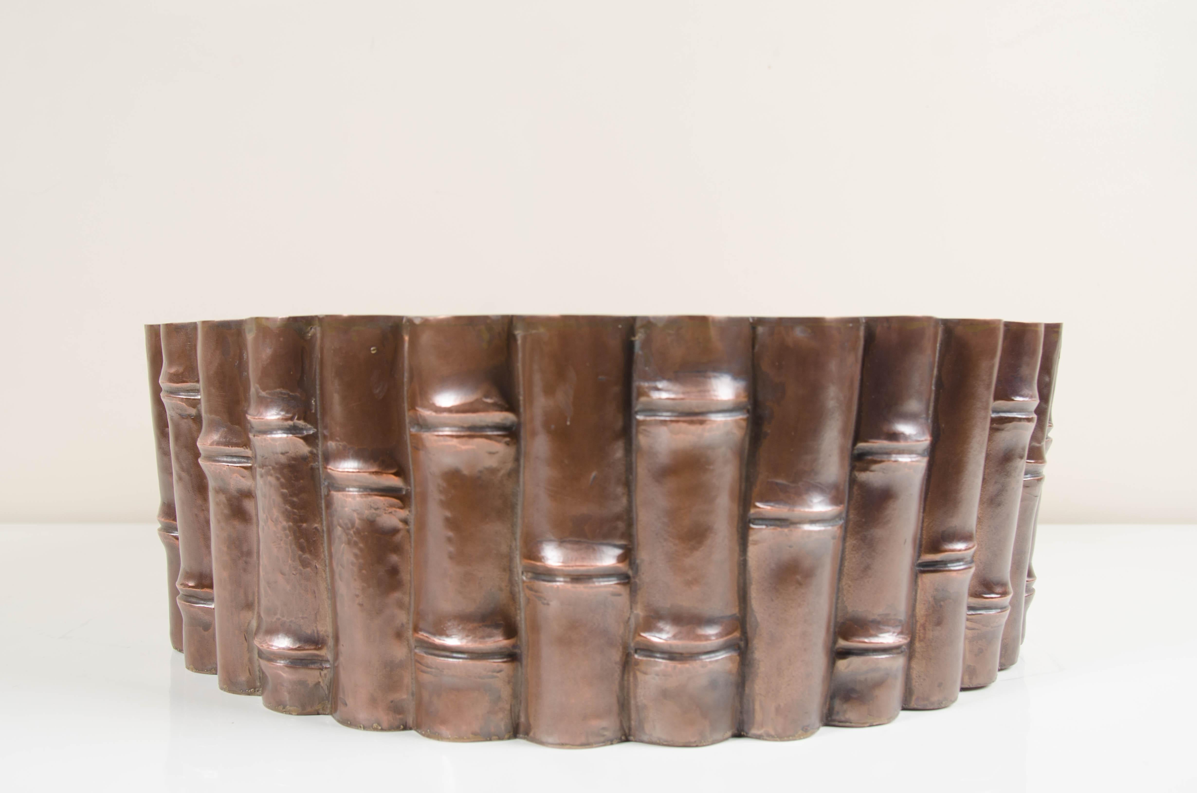 Bamboo Design Low Cachepot, Antique Copper by Robert Kuo, Limited Edition In New Condition For Sale In Los Angeles, CA