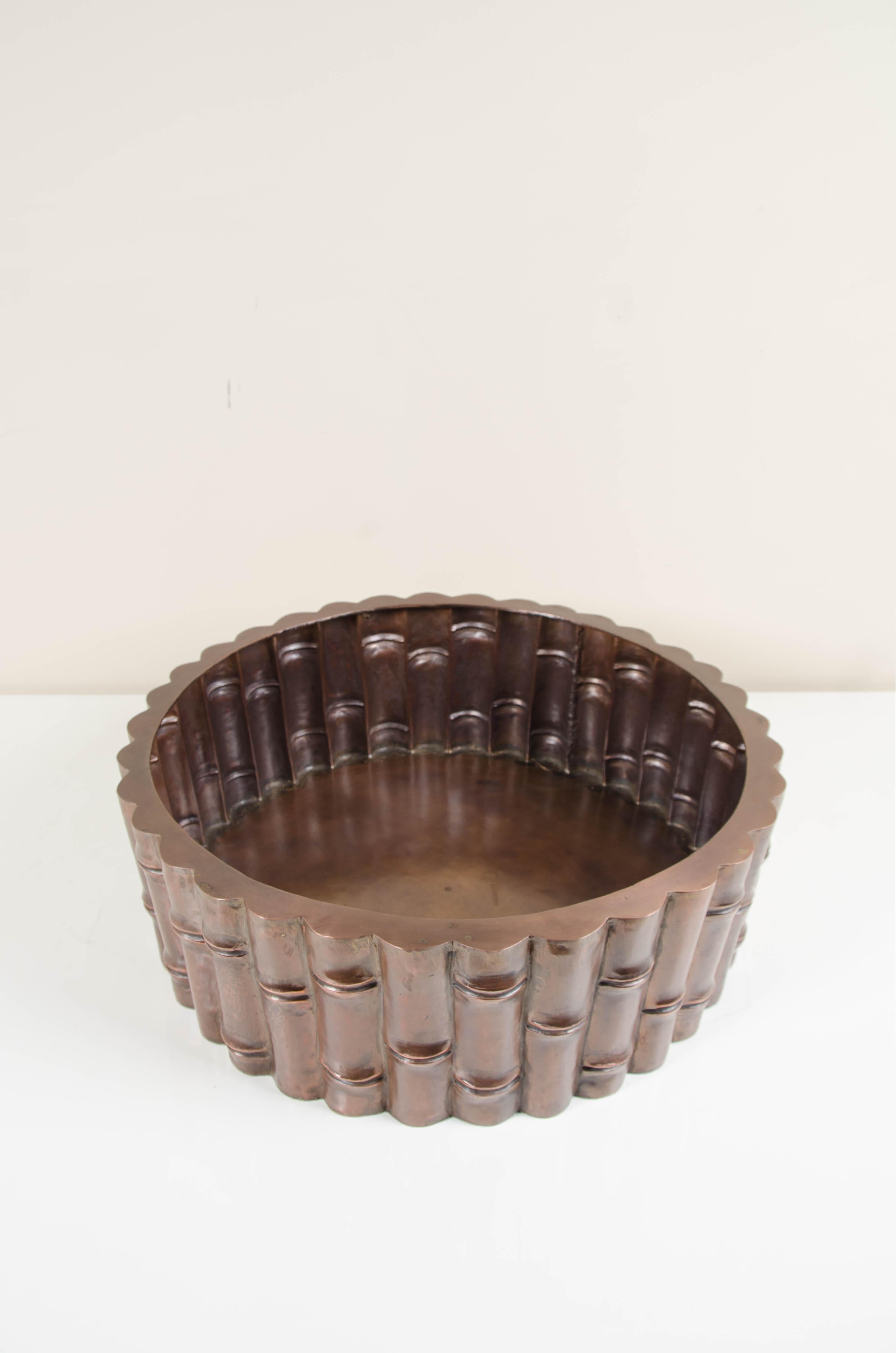 Contemporary Bamboo Design Low Cachepot, Antique Copper by Robert Kuo, Limited Edition For Sale