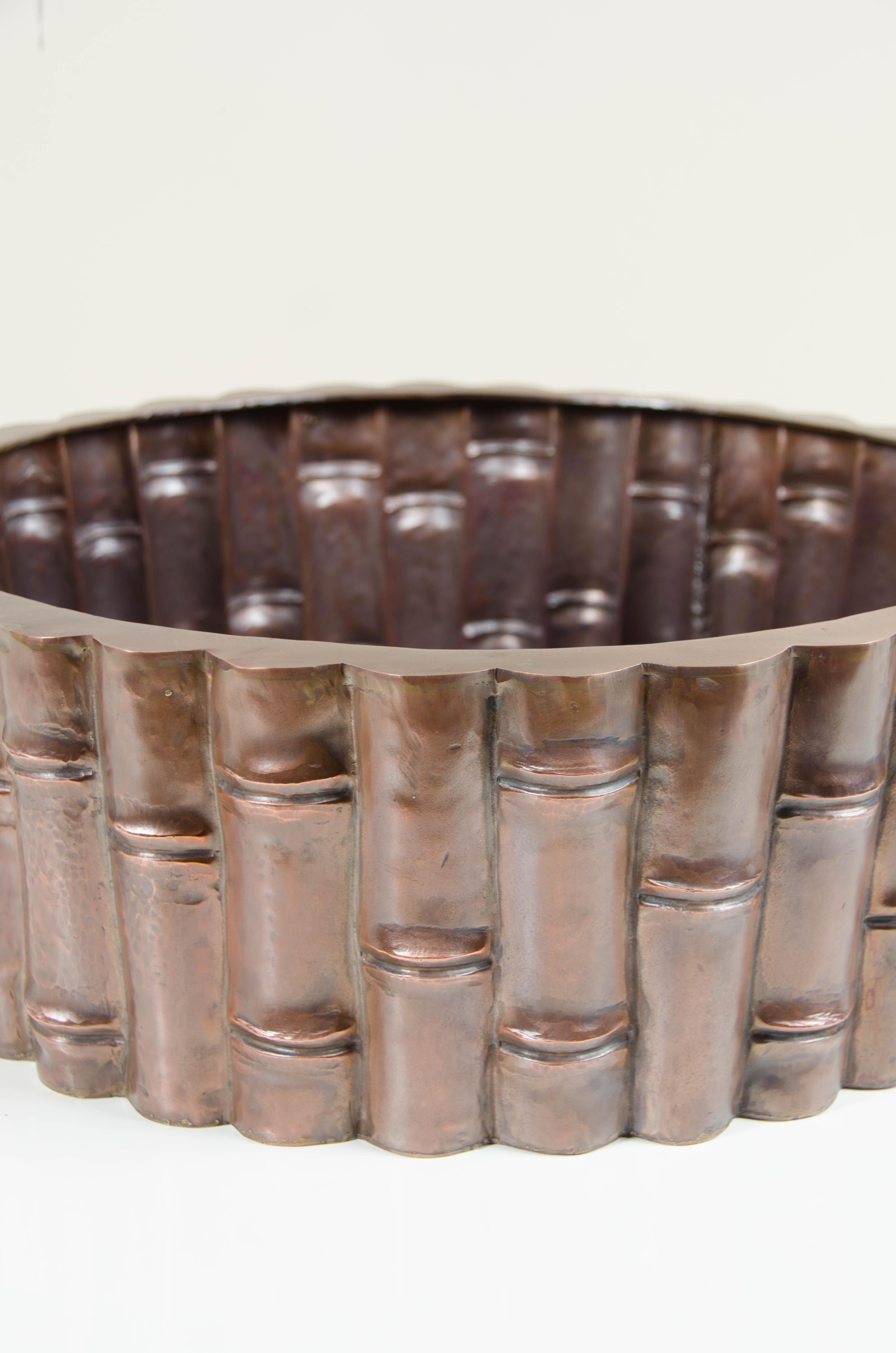 Bamboo Design Low Cachepot, Antique Copper by Robert Kuo, Limited Edition For Sale 1