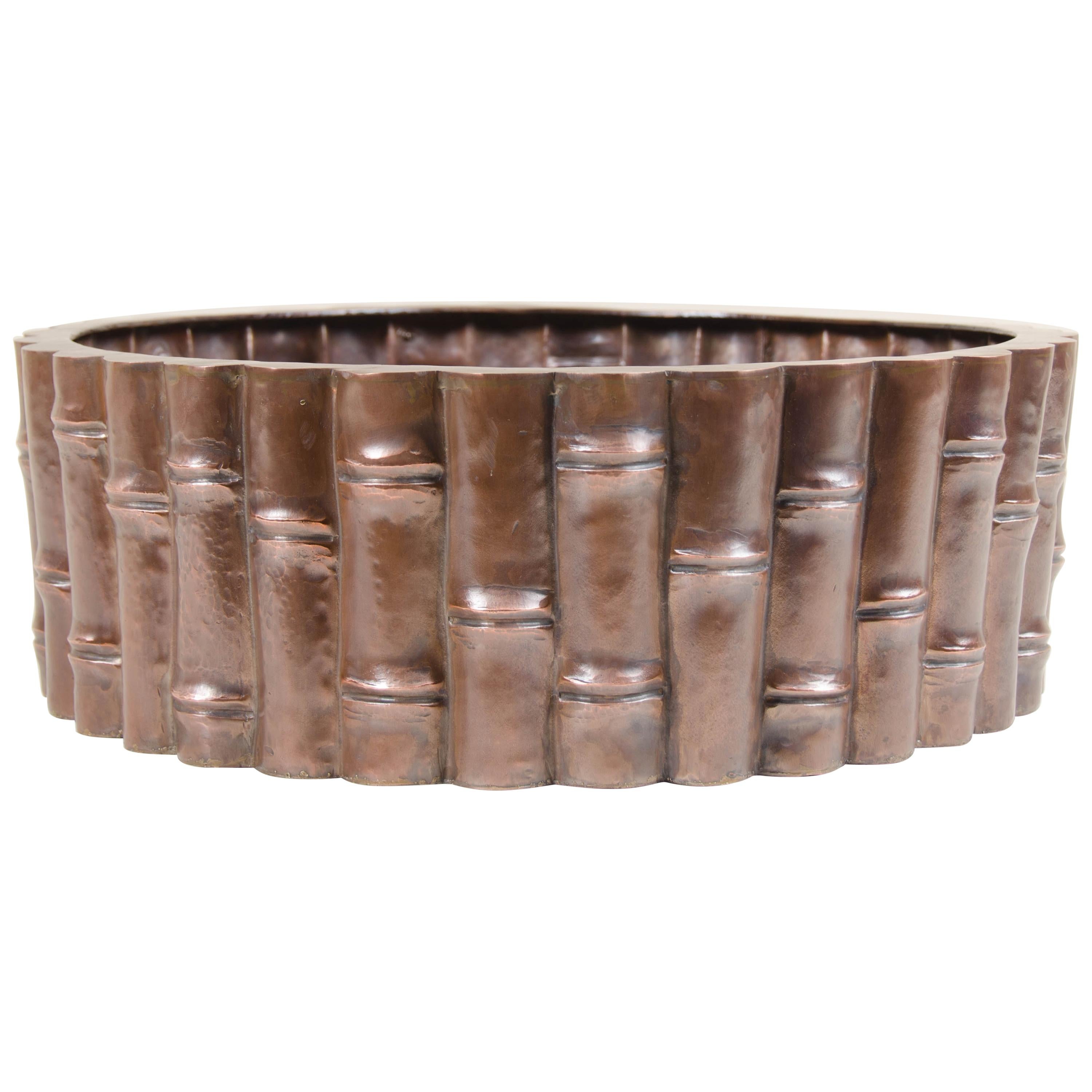 Bamboo Design Low Cachepot, Antique Copper by Robert Kuo, Limited Edition For Sale