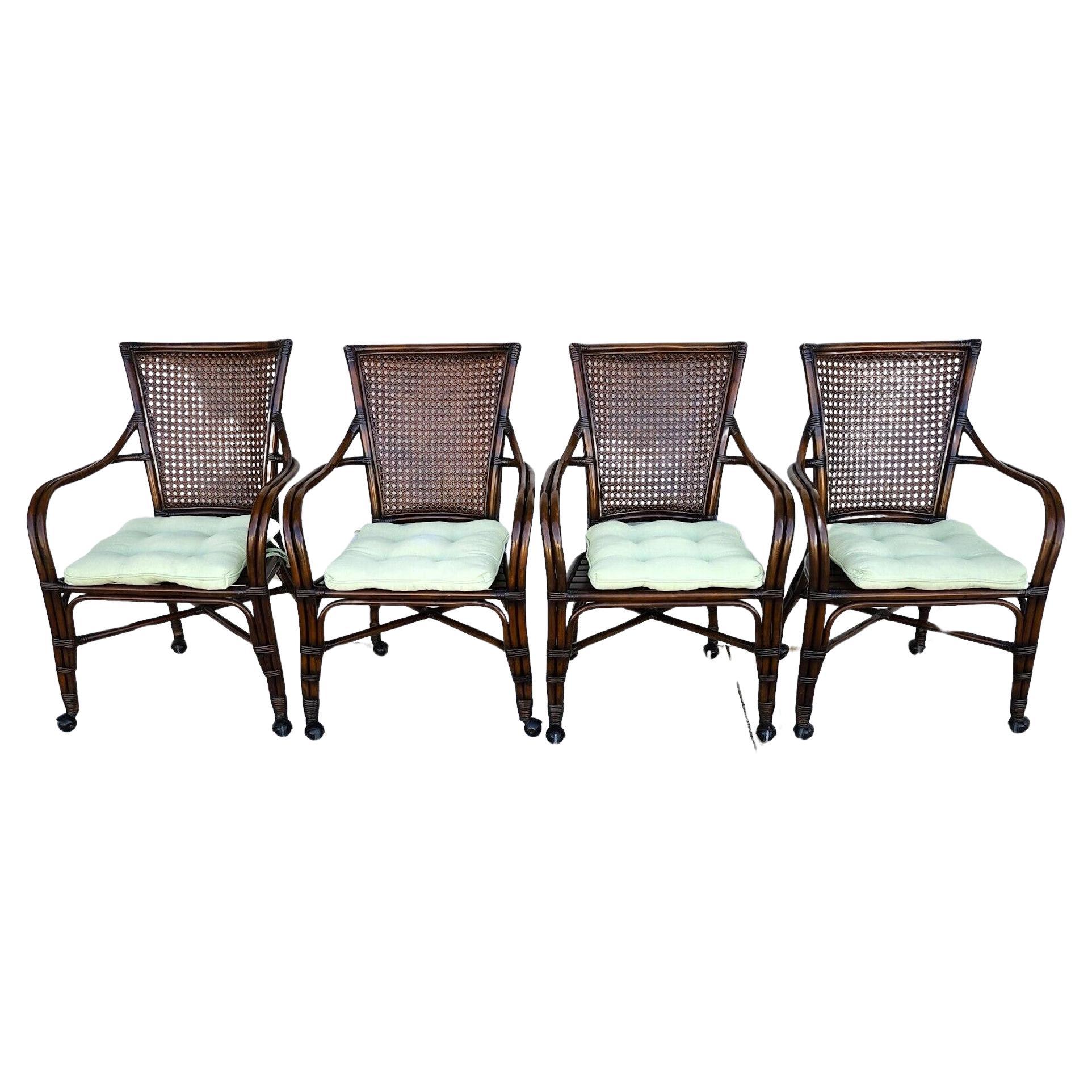 Bamboo Dining Chairs Caned Rolling Set of 4 For Sale
