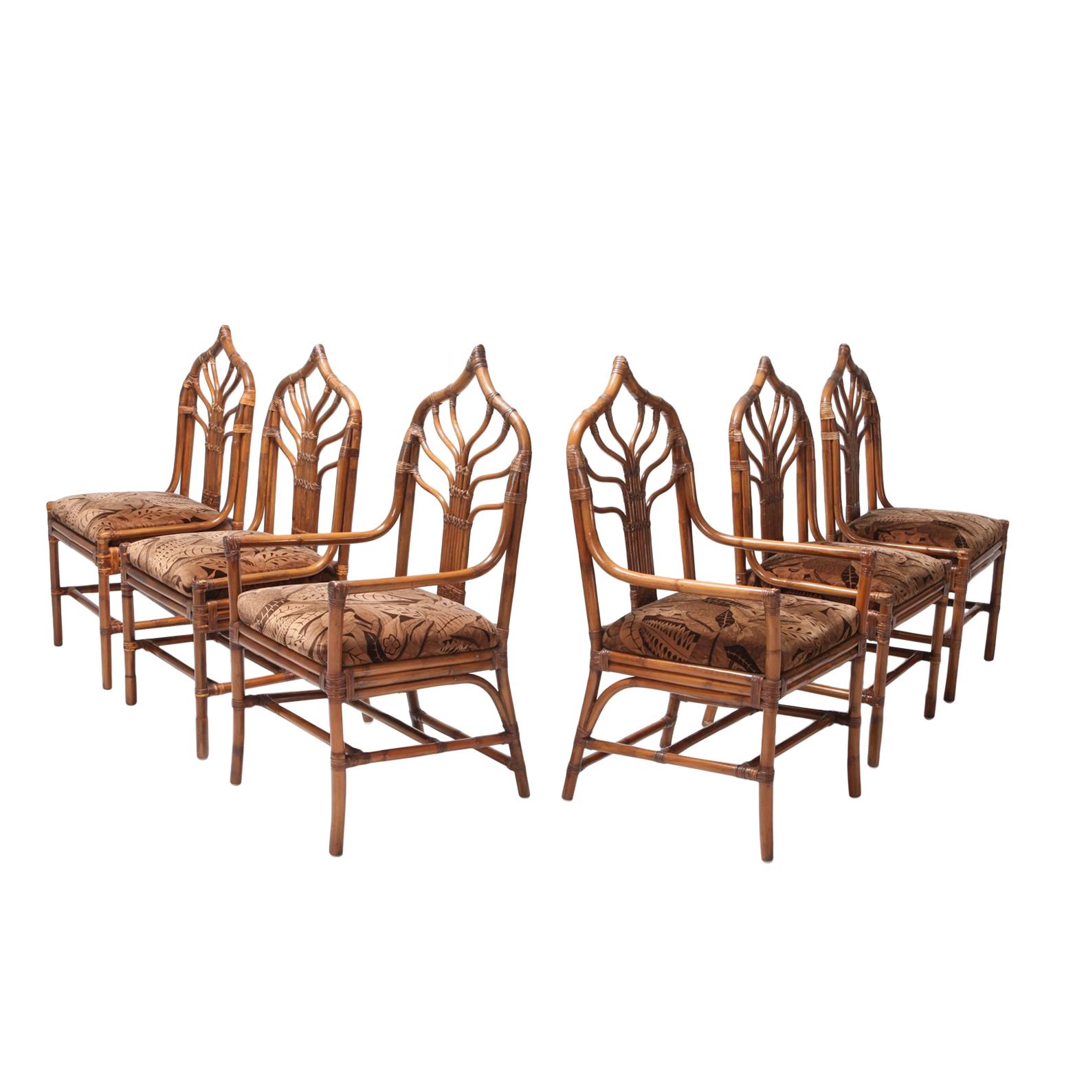 Rattan bamboo dining chairs with floral original upholstery, Italy, 1970s
Metropolitan chic tropicalist dining chairs 
style Vivai del Sud, Henry Olko, Franco Albini
A set of 6 with 4 chairs and 2 armchairs. 
  

 