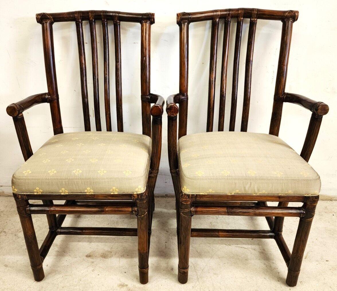 Chinese Chippendale Bamboo Dining Chairs Vintage Asian Pogoda Silk by McGuire, Set of 2