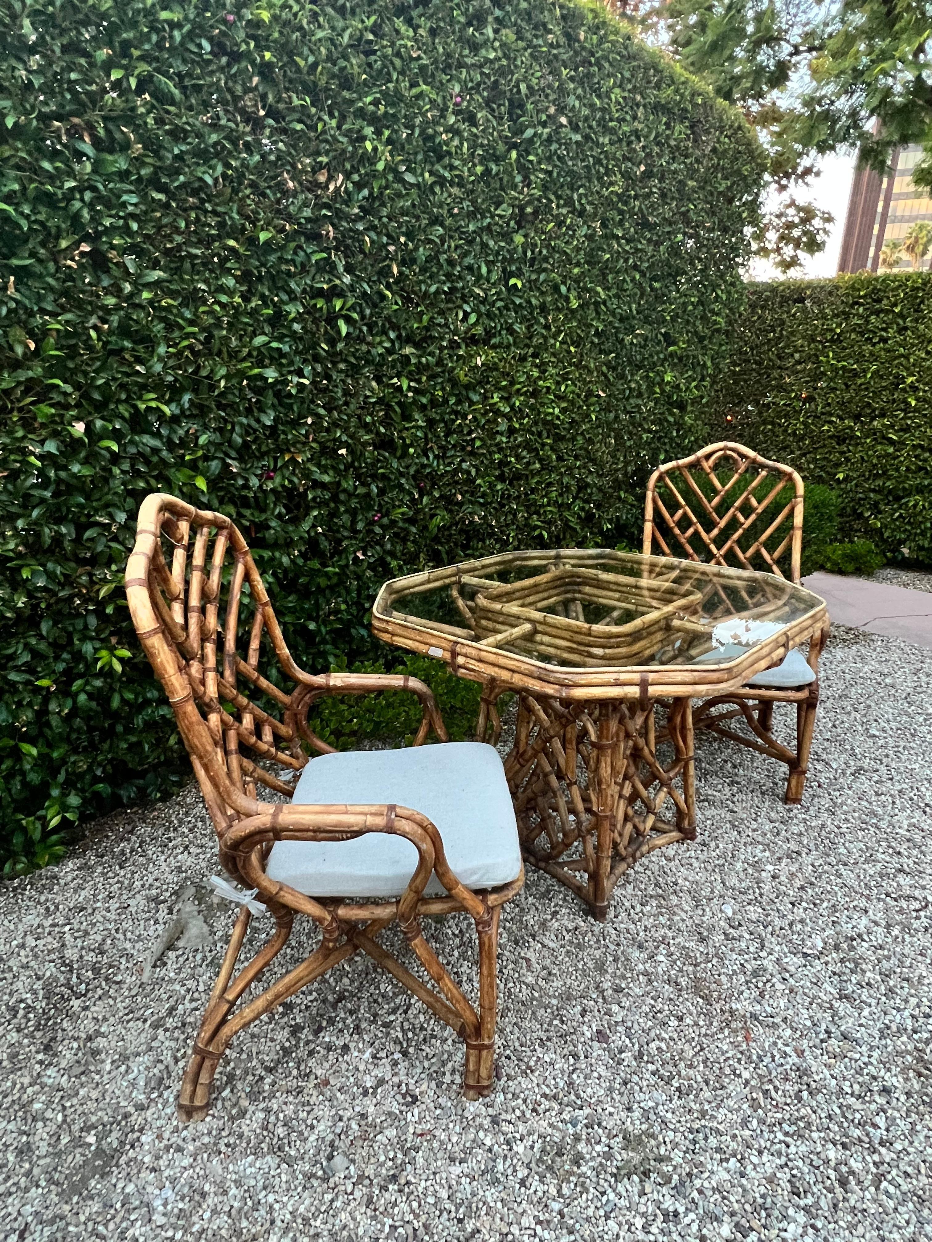 Bamboo Dining Table and Two Matching Chairs in The Style of Louis Sognot, France For Sale 9