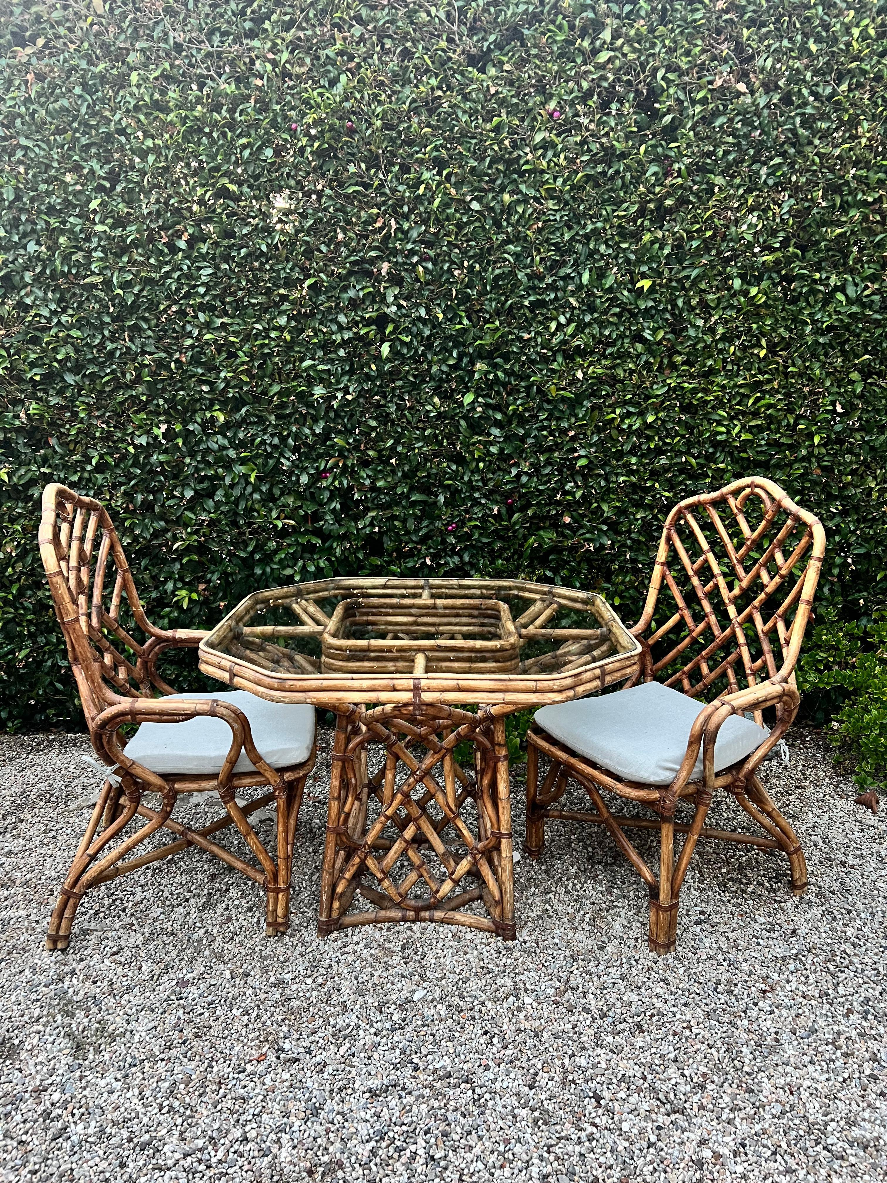 Bamboo Dining Table and Two Matching Chairs in The Style of Louis Sognot, France For Sale 11