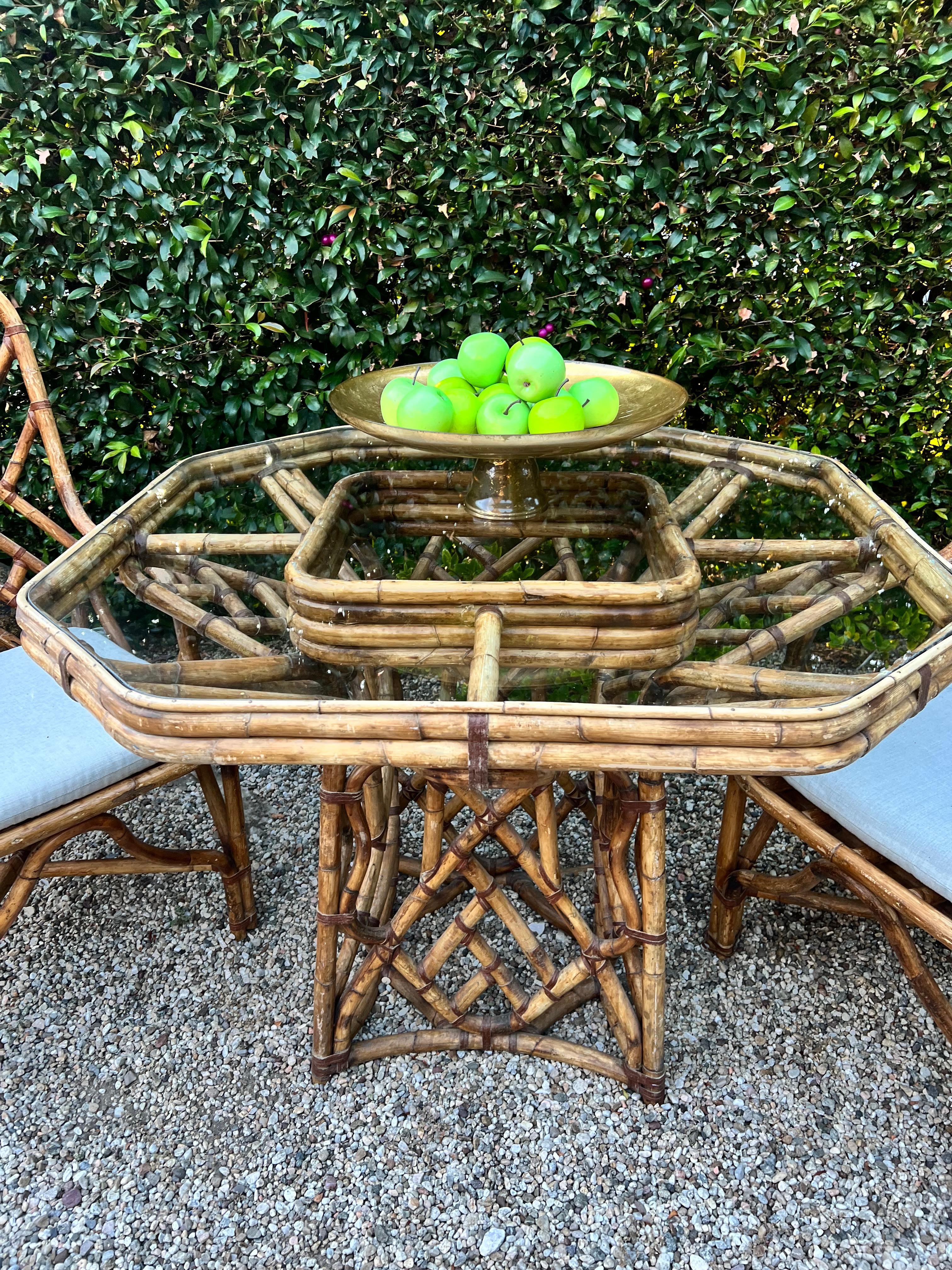 Hand-Crafted Bamboo Dining Table and Two Matching Chairs in The Style of Louis Sognot, France For Sale