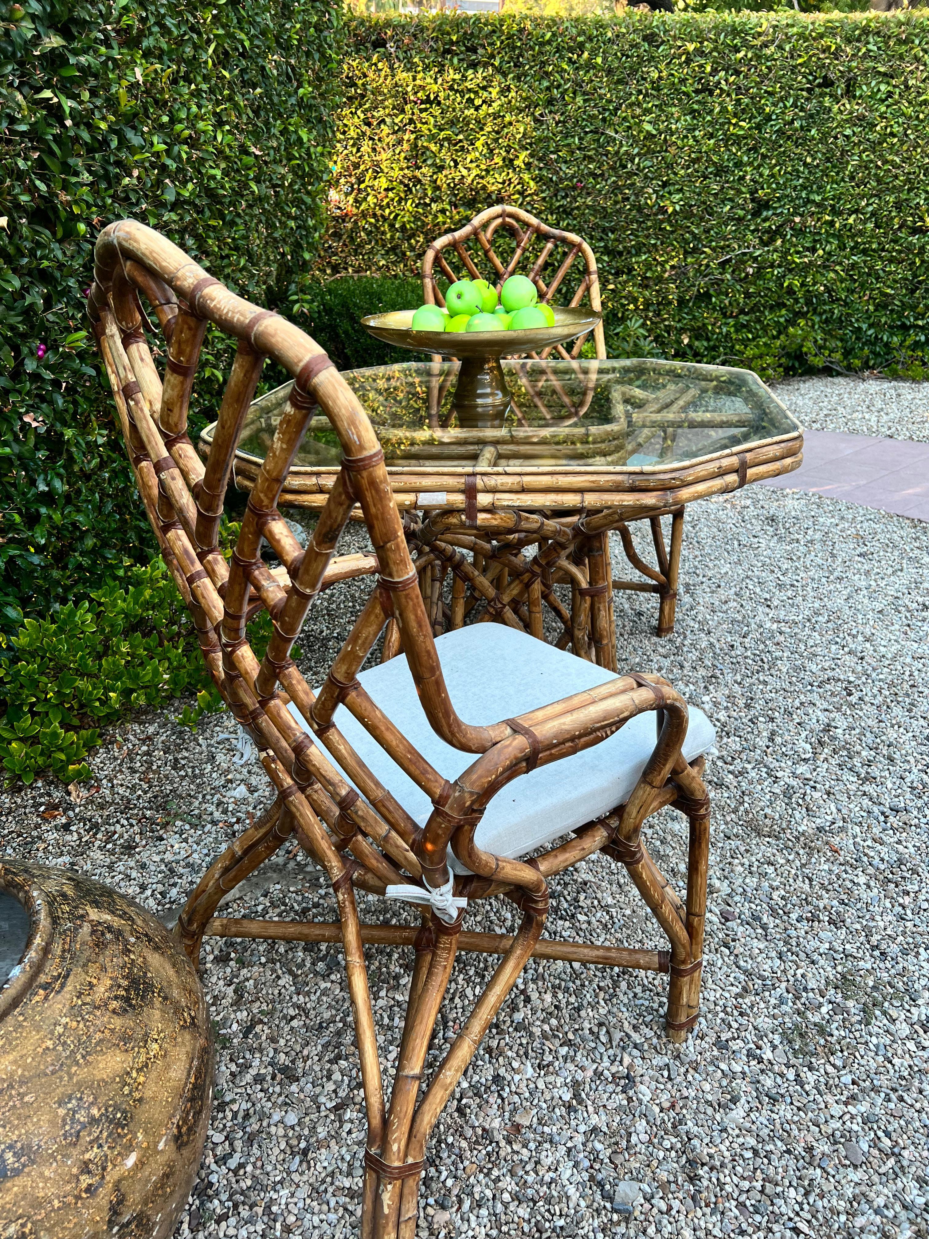 Fabric Bamboo Dining Table and Two Matching Chairs in The Style of Louis Sognot, France For Sale