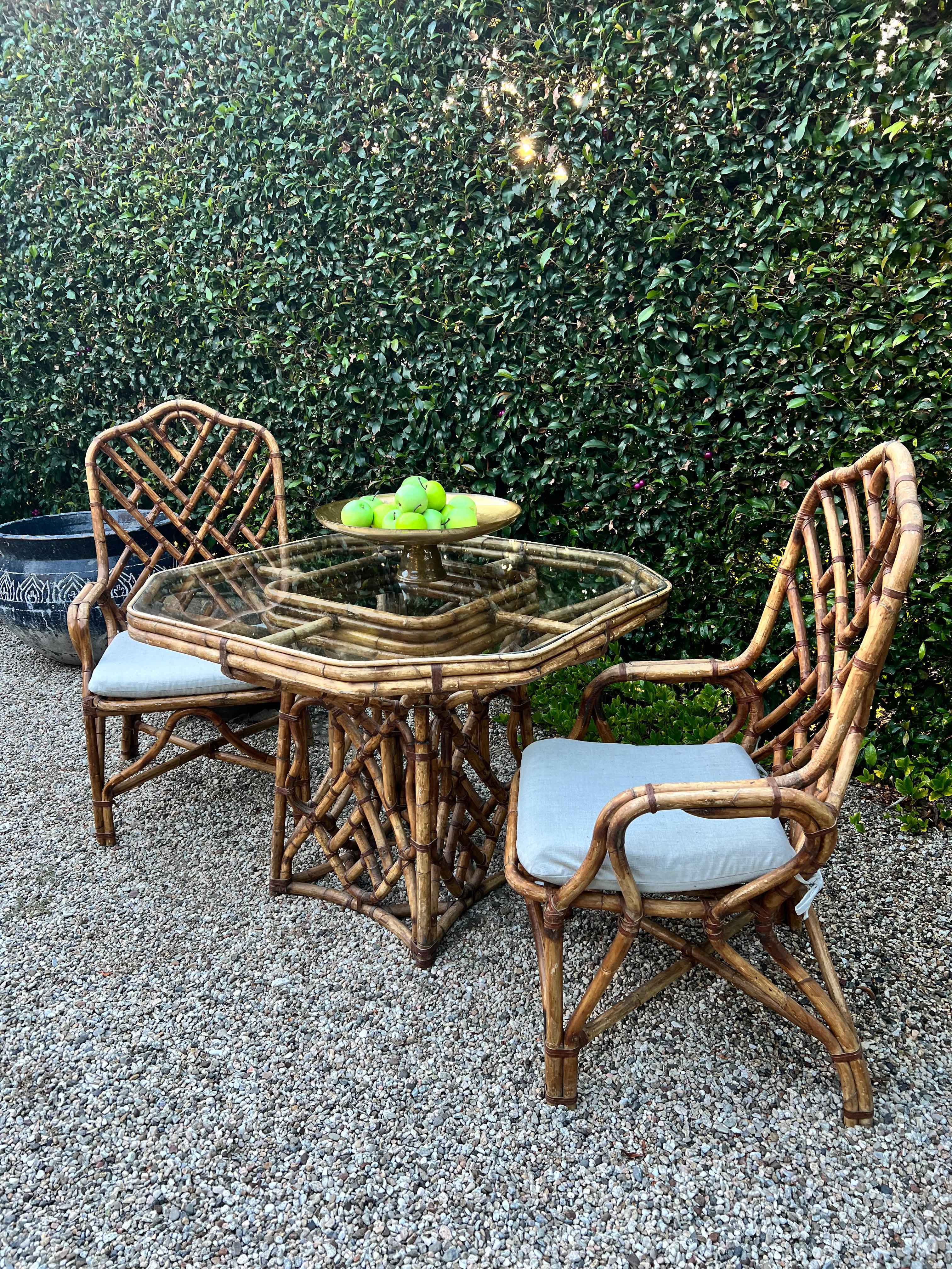 Bamboo Dining Table and Two Matching Chairs in The Style of Louis Sognot, France For Sale 1