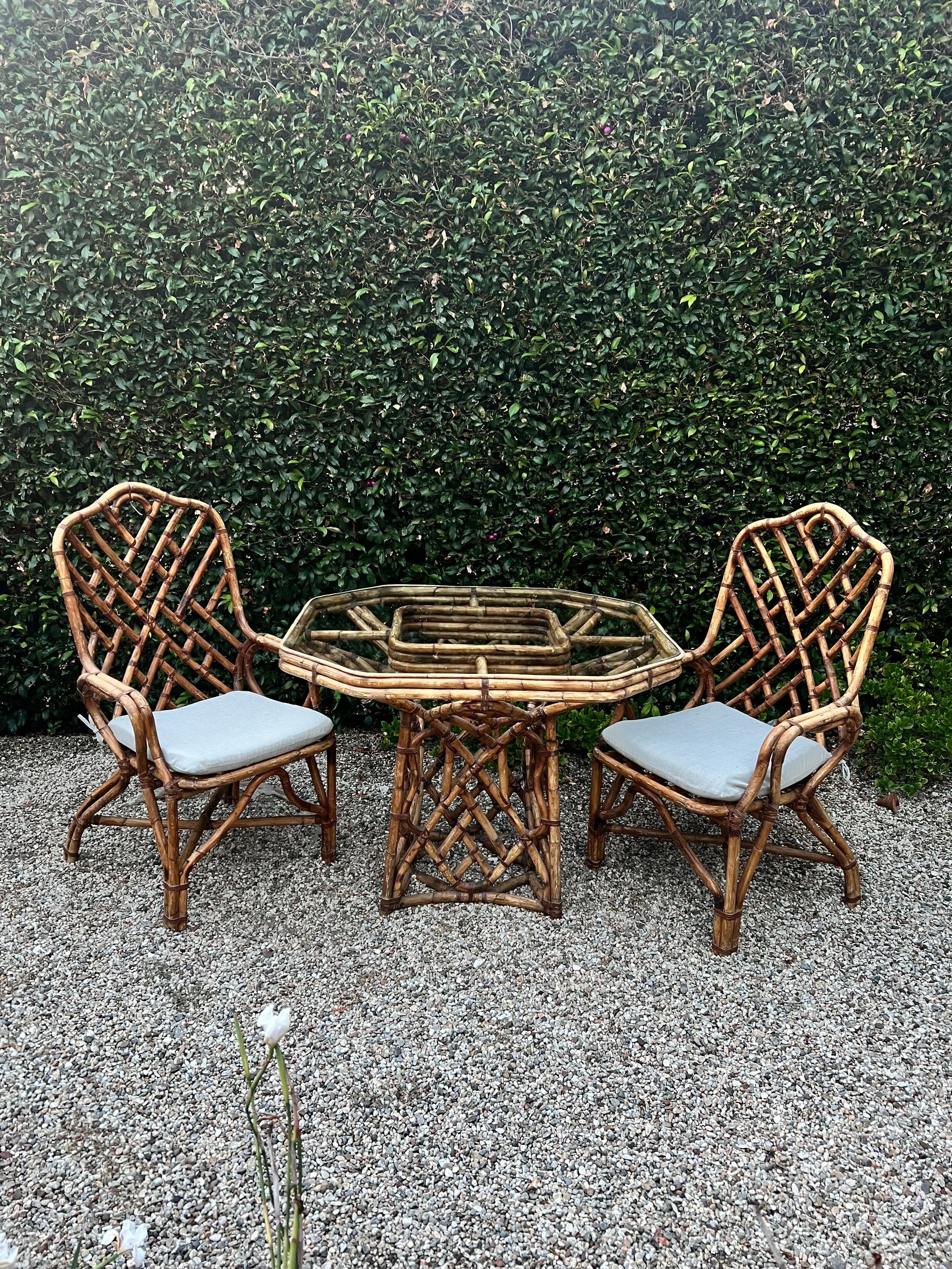 Bamboo Dining Table and Two Matching Chairs in The Style of Louis Sognot, France For Sale 2