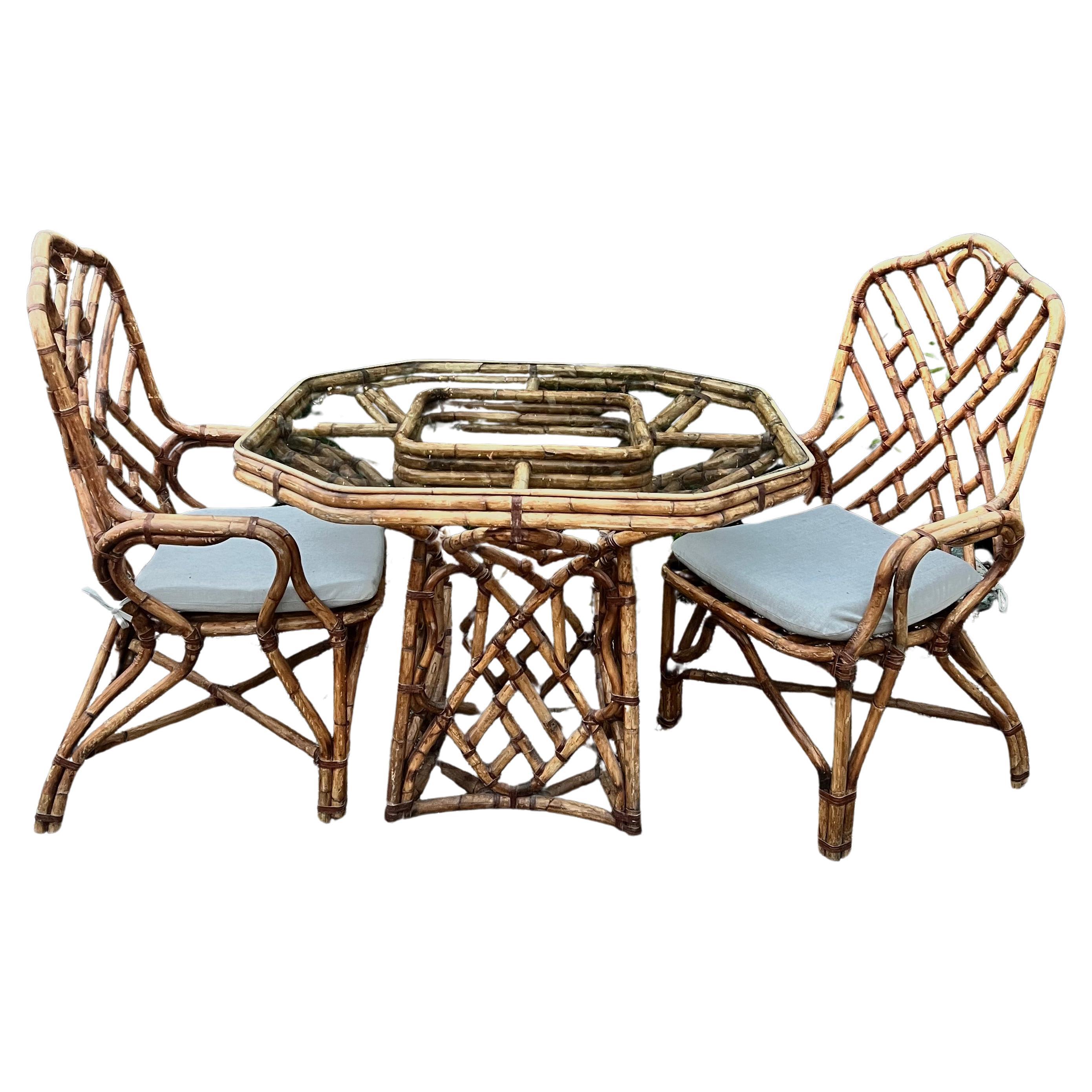 Bamboo Dining Table and Two Matching Chairs in The Style of Louis Sognot, France