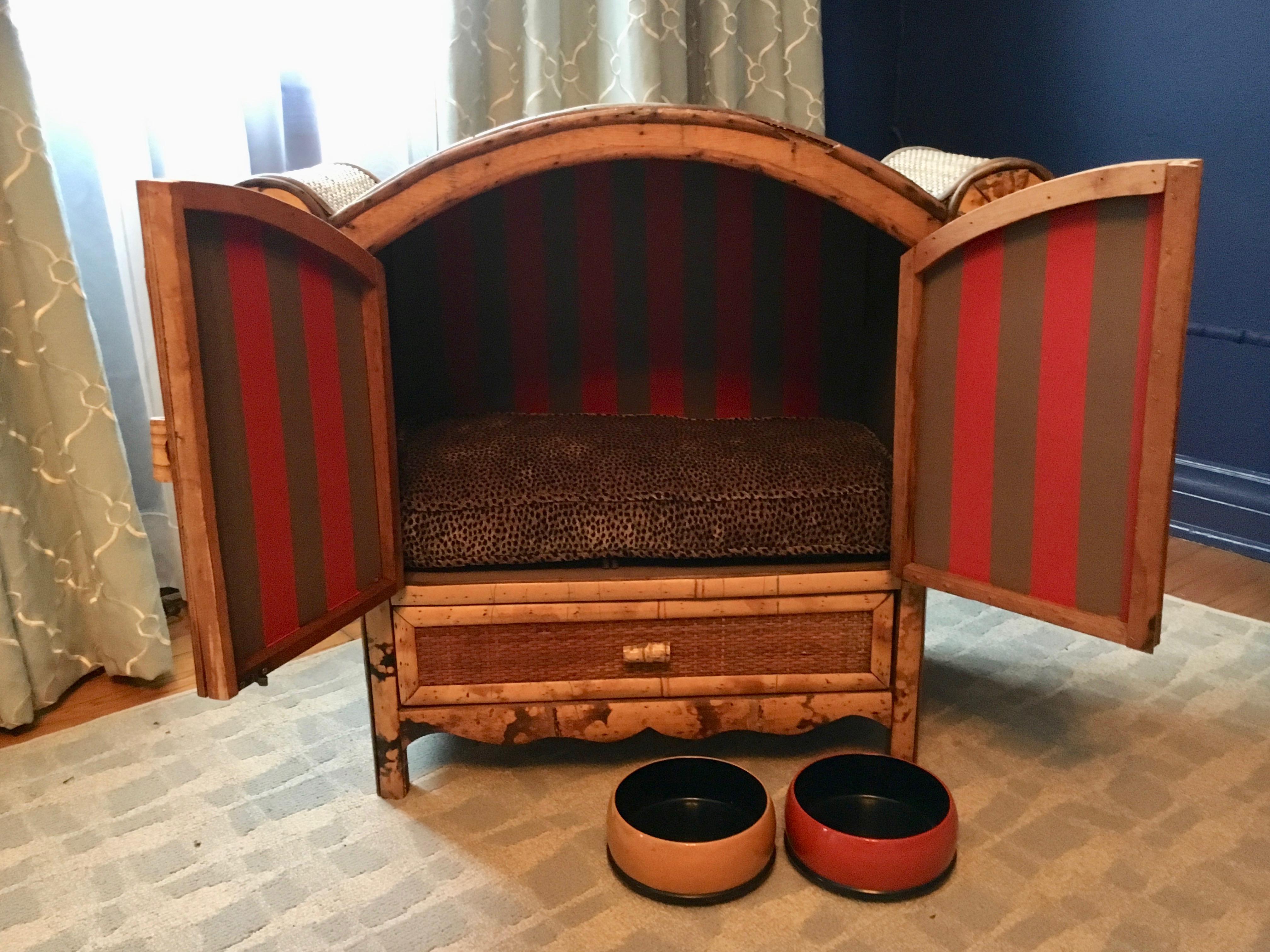 Mid-Century Modern Bamboo Dog Cat Bed with Storage Drawer