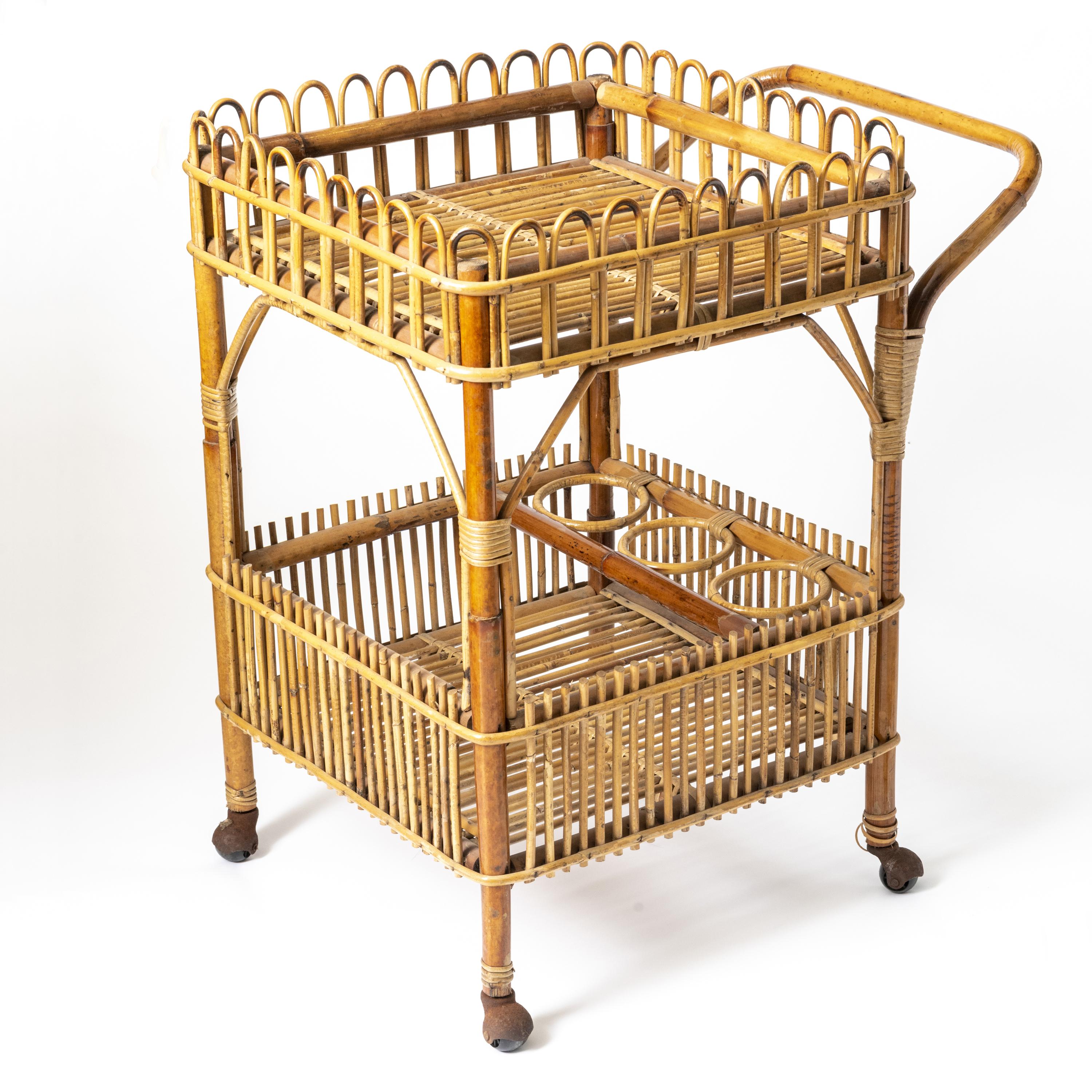 Bamboo Drinks Trolley, Italy circa 1950
Two Tiers with scalloped decoration
68 cm high x 63 cm wide x 45 cm deep