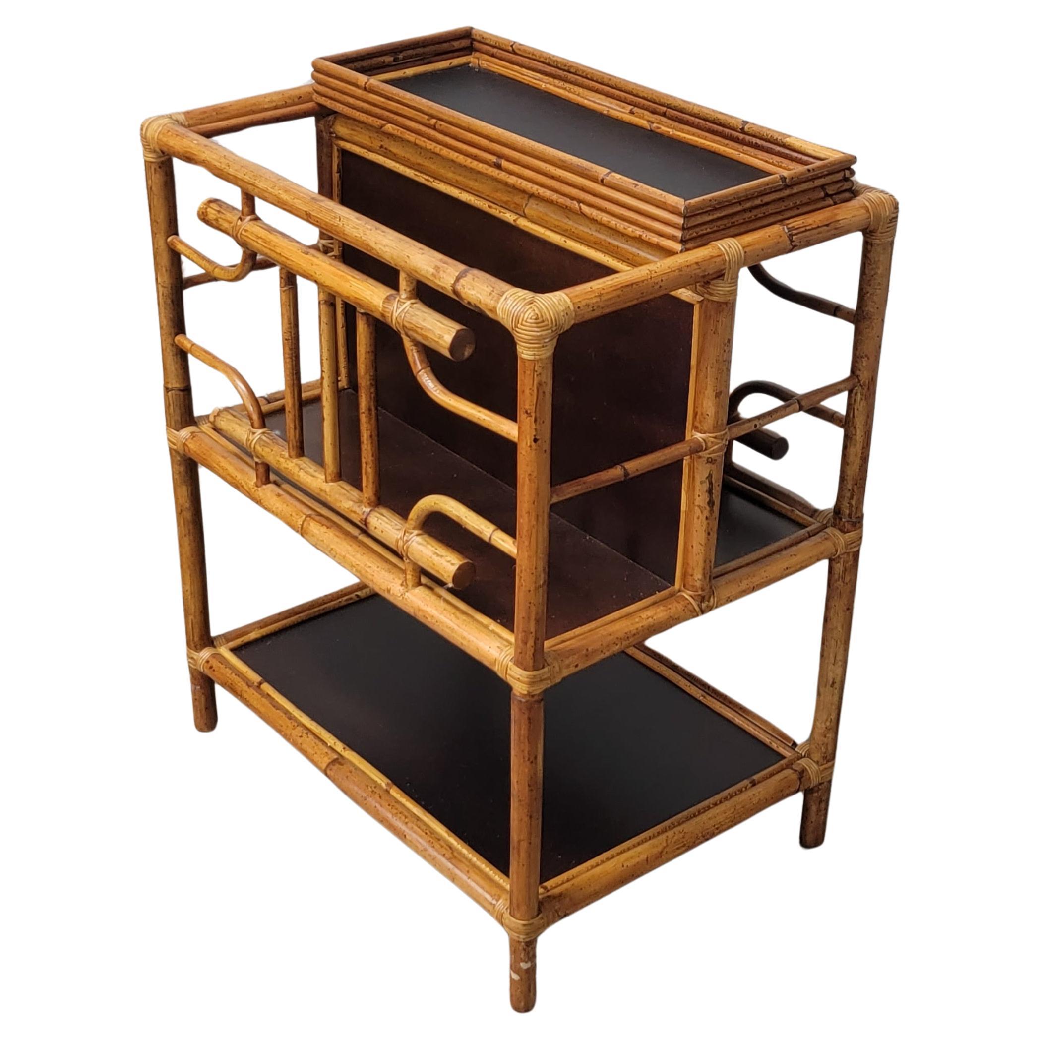 Mid-Century Modern Bamboo & Ebonized Raffia Bar Cart For Sale