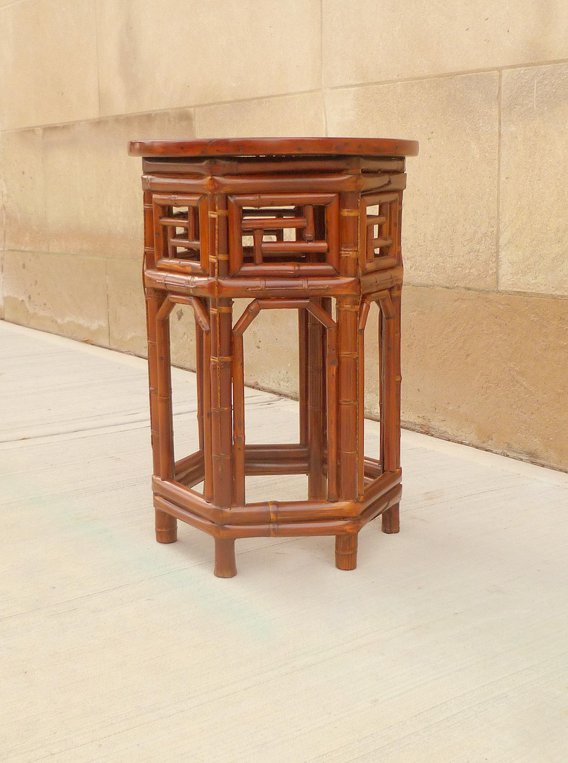 Chinese Bamboo End Table with Black Lacquer Top