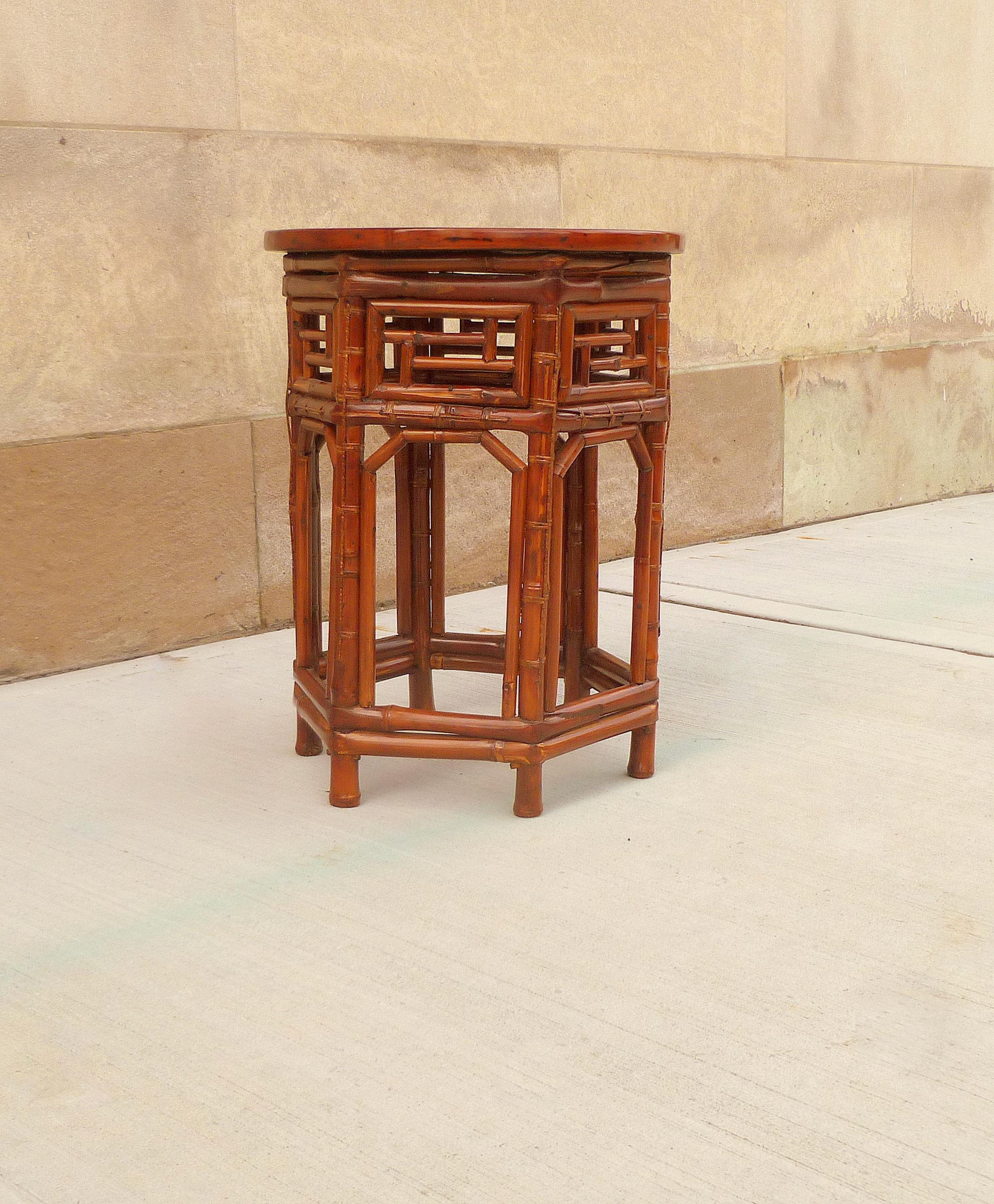 Early 20th Century Bamboo End Table with Black Lacquer Top