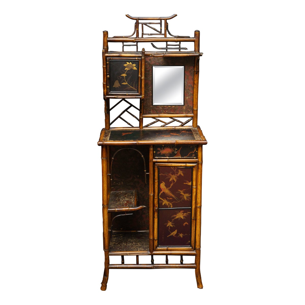 Bamboo Etagere Cabinet and mirror with Painted panels, Early 20th C.