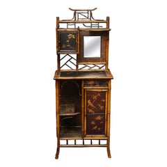 Antique Bamboo Etagere Cabinet and mirror with Painted panels, Early 20th C.