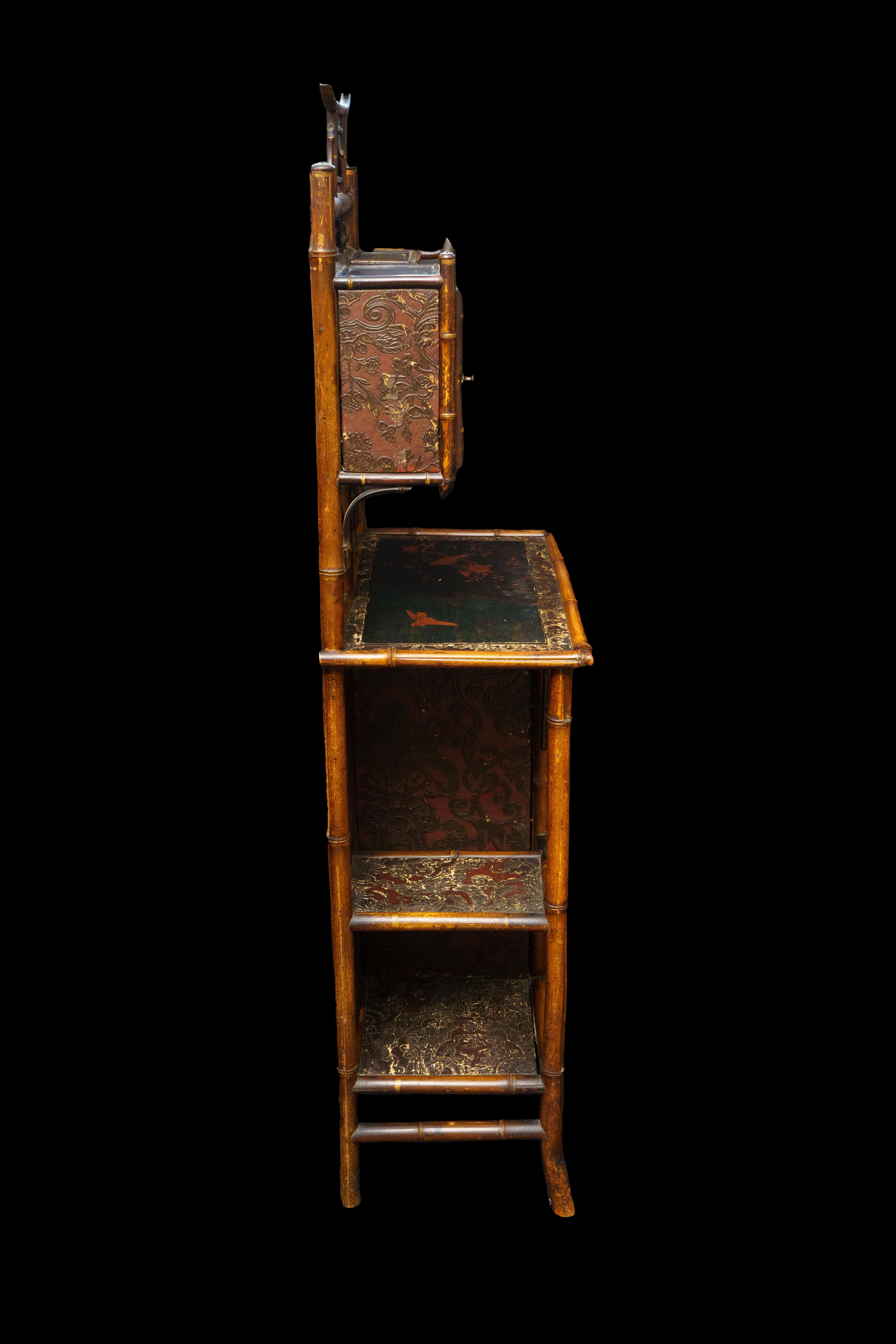 20th Century Bamboo Etagere Cabinet and mirror with Painted panels, Early 20th C. For Sale