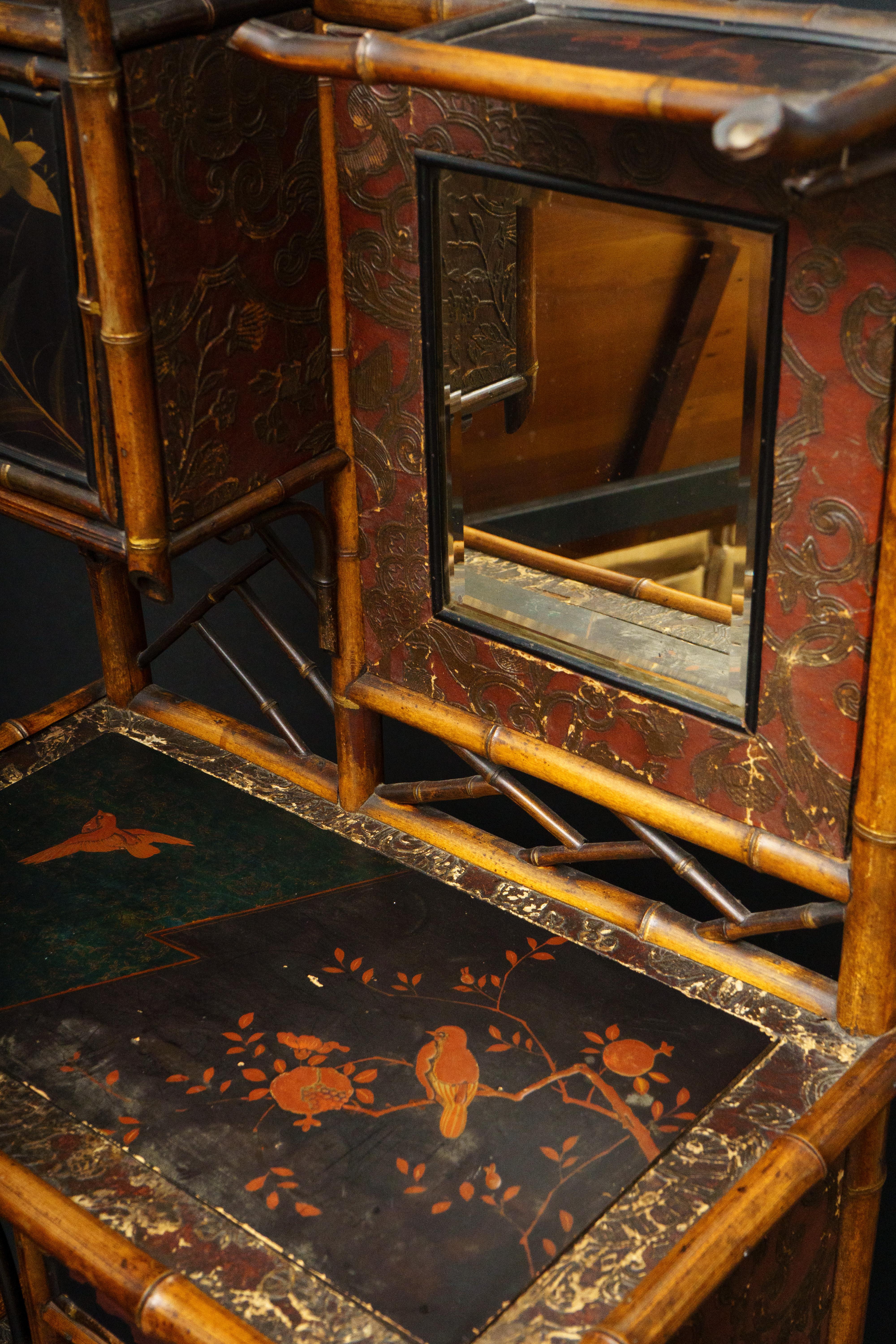 Leather Bamboo Etagere Cabinet and mirror with Painted panels, Early 20th C. For Sale