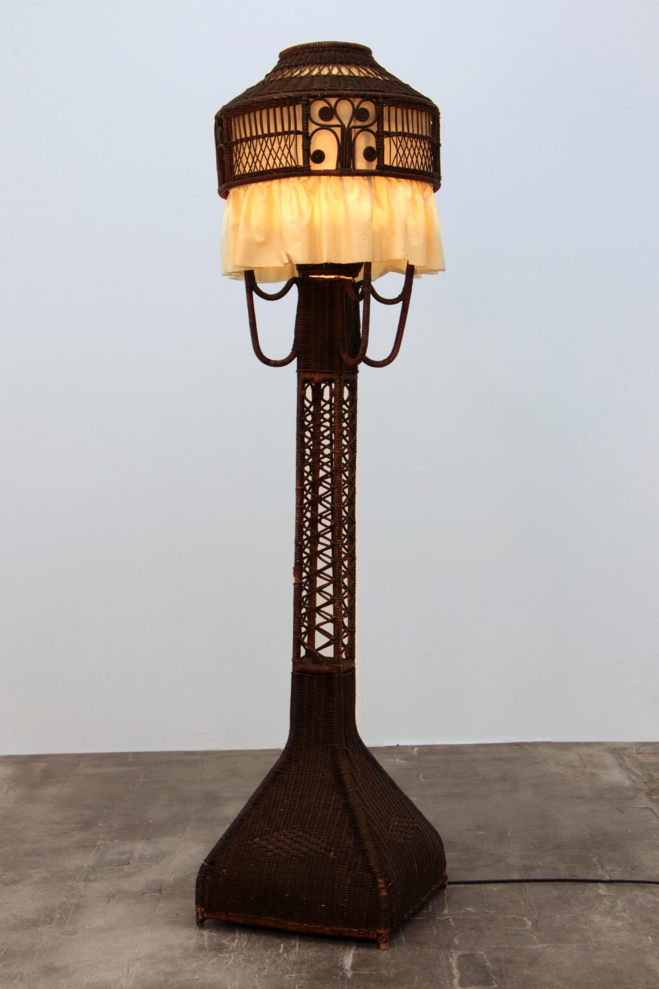 French Rattan Floor Lamp with Fabric Shade in the Style of Heywood Wakkefield Campany  For Sale