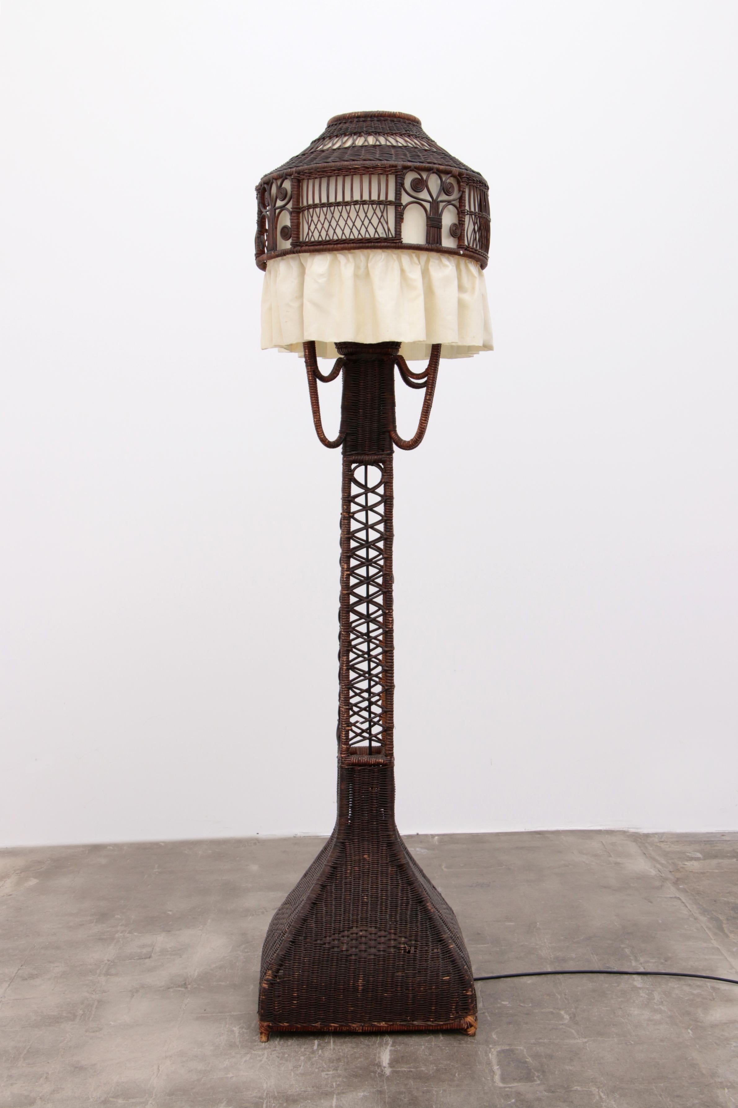 Rattan Floor Lamp with Fabric Shade in the Style of Heywood Wakkefield Campany  For Sale 1