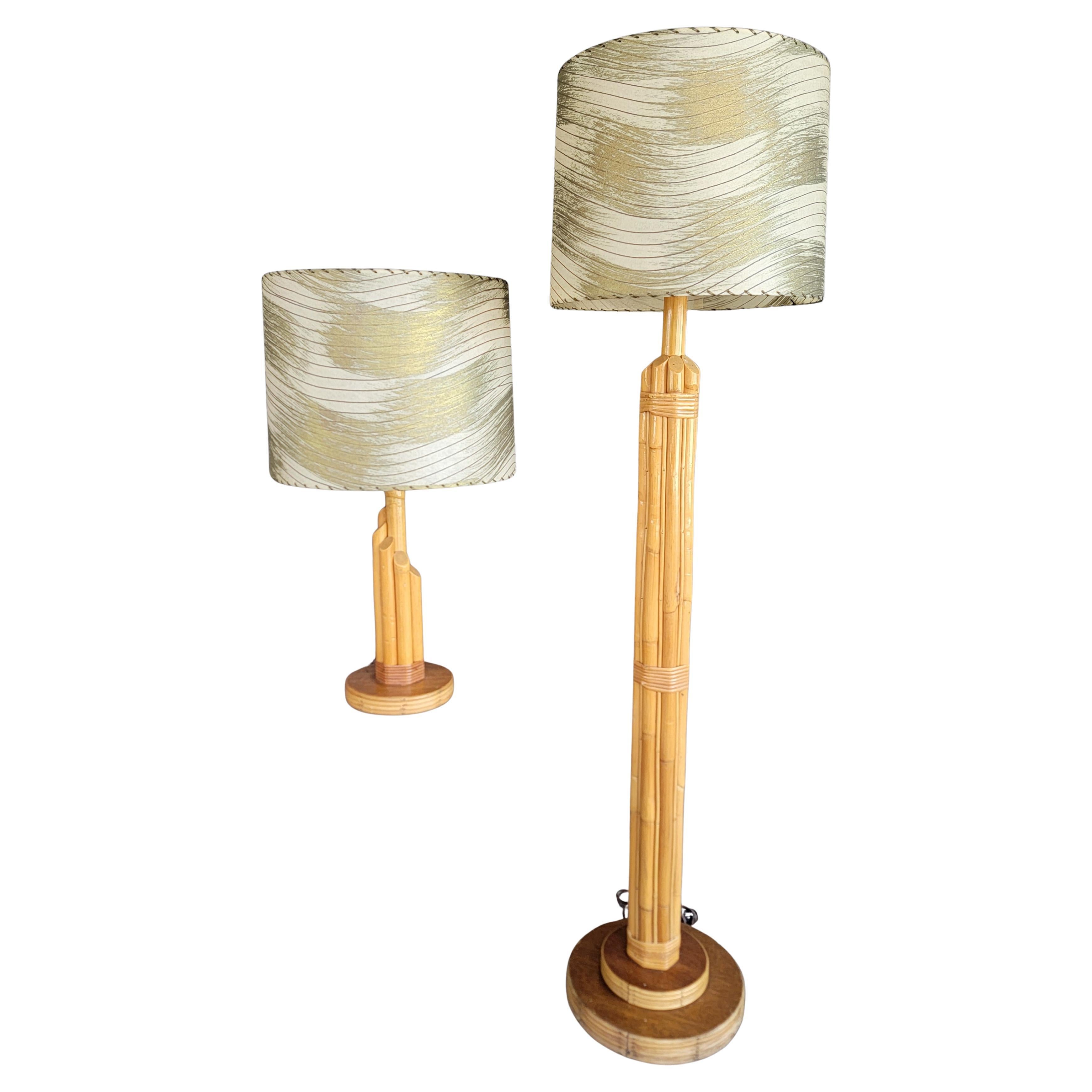 Lampadaire et lampe de table en bambou 1950 en vente