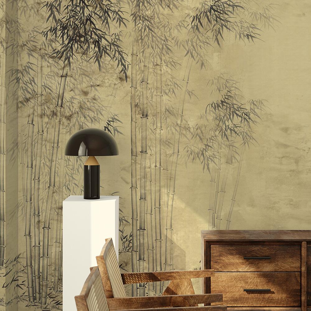 The Bamboo Forest Antiqued mural features traditional Chinese watercolor style with stylized bamboo and birds. This mural wallpaper contains 6 mural panels to cover 18 linear feet.  This mural is produced using the latest digital print technologies,
