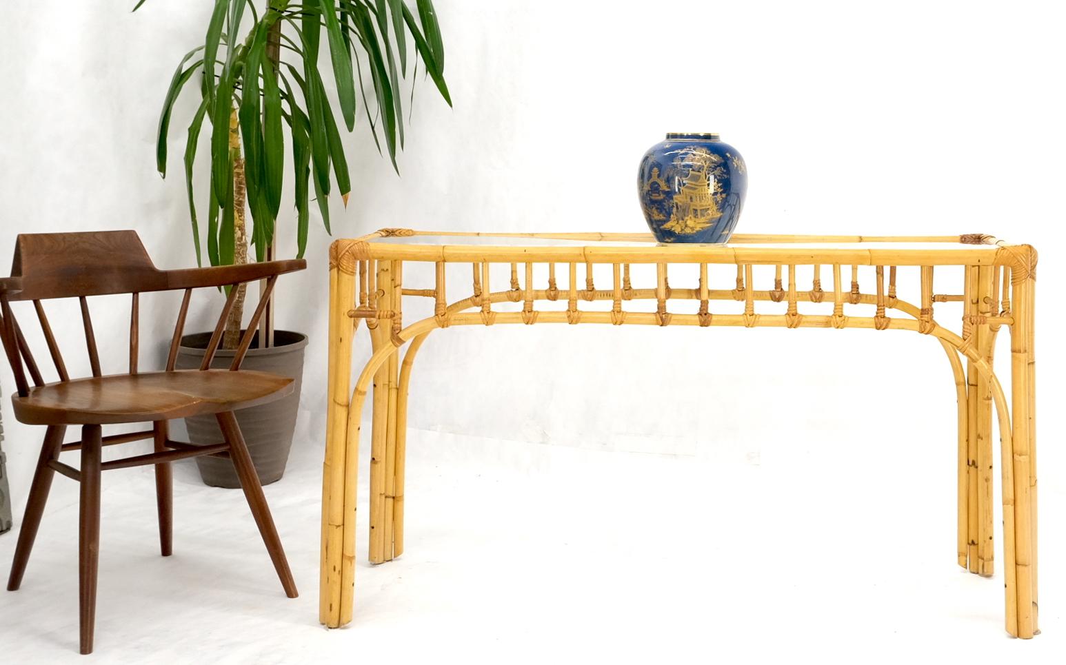 Bamboo Frame Glass Top Console Table w/ Figurative Brass Supports For Sale 2