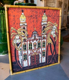 Bamboo Framed Canvas Painting of Church with Coconut Palms