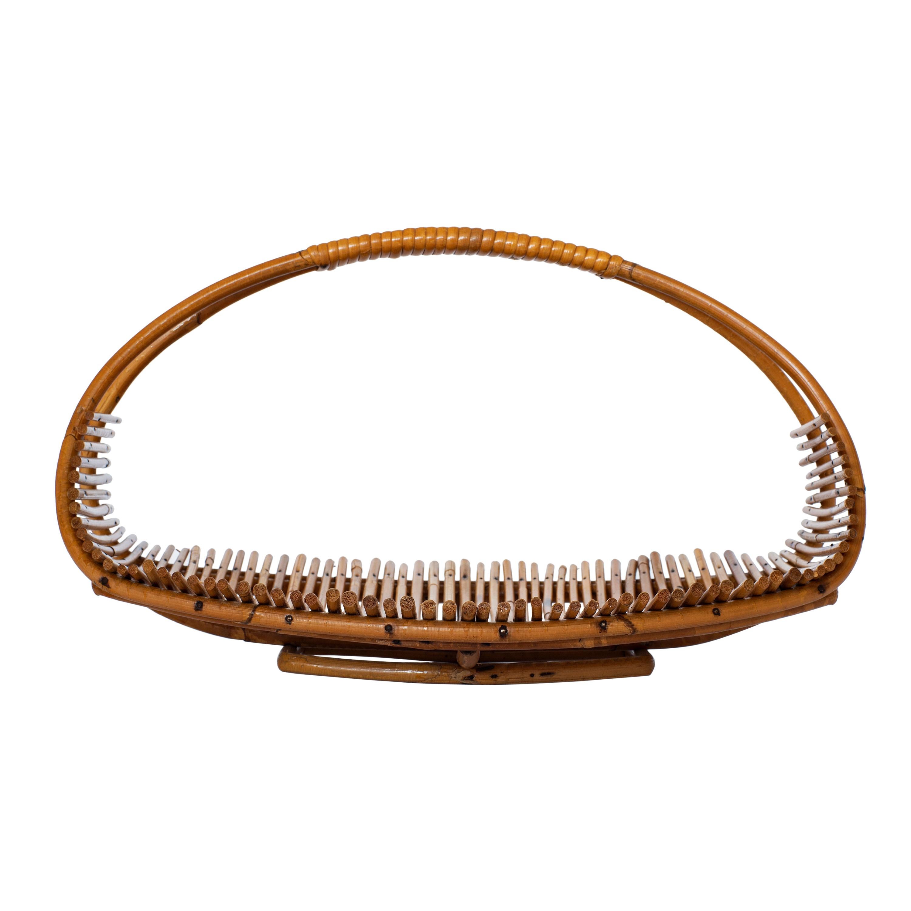 Wide French bamboo fruit basket with beautiful curved handle.