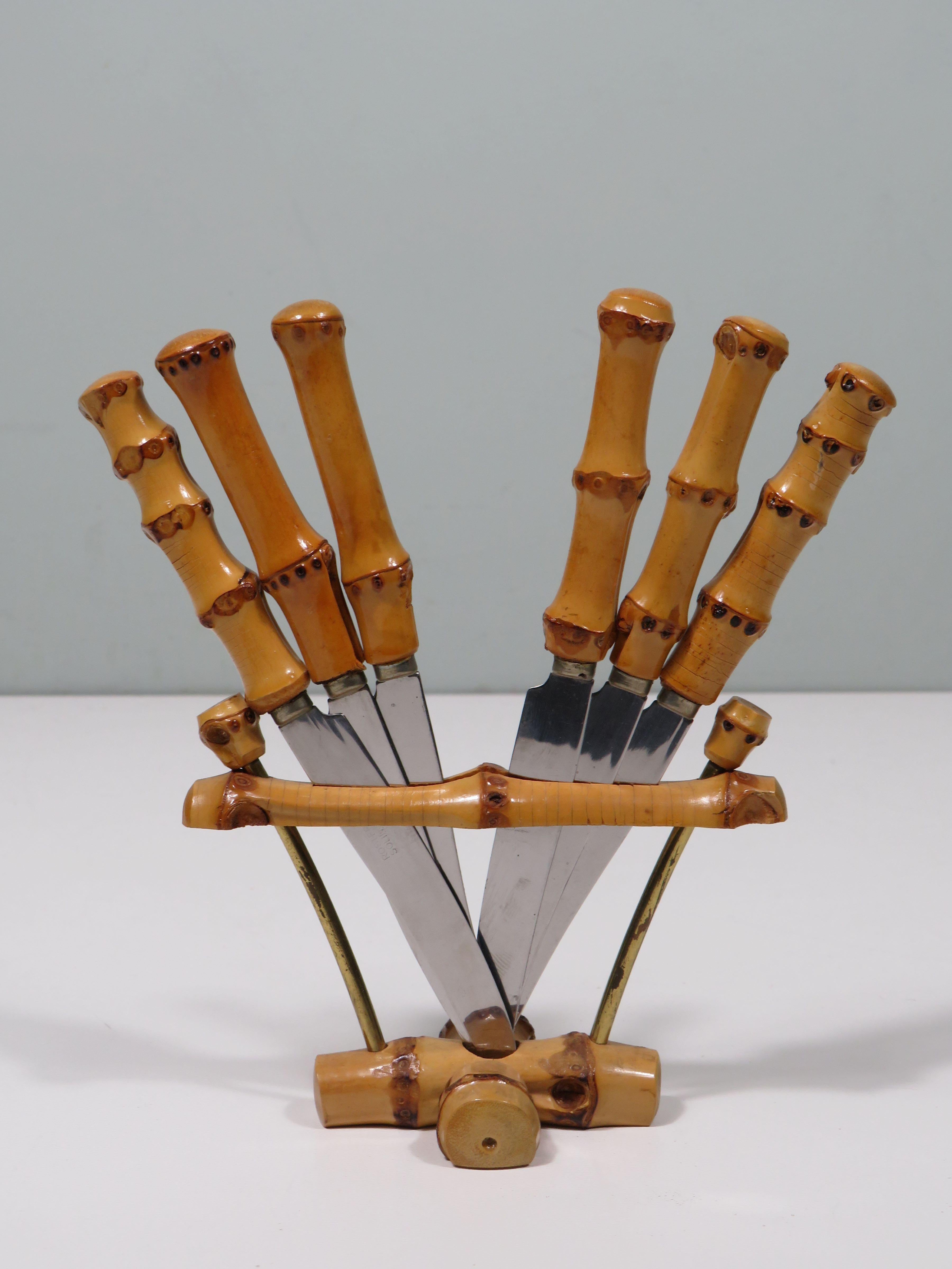 Bohemian Bamboo fruit cutlery in holder, Solingen Germany 1950 For Sale