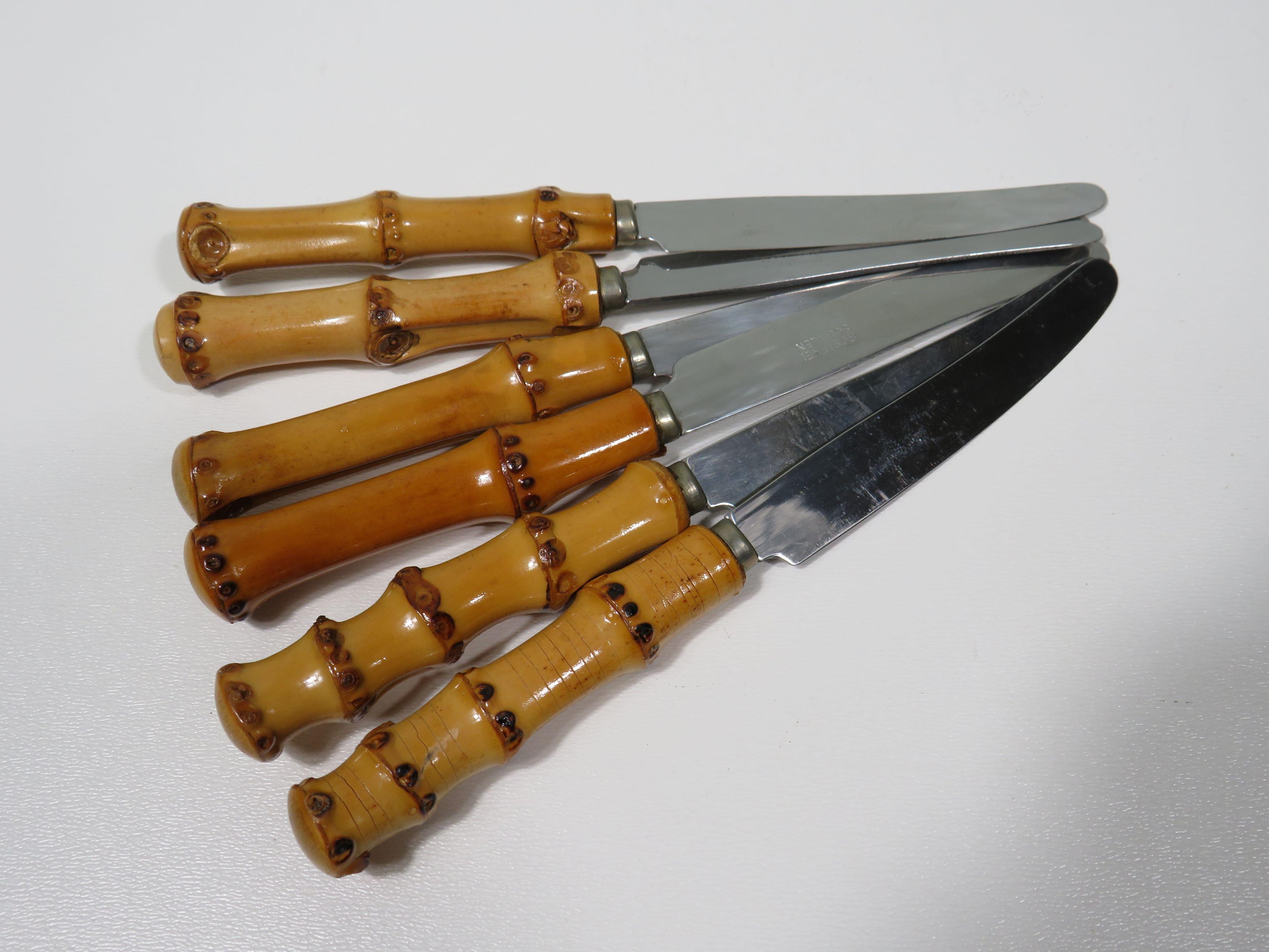 Bamboo fruit cutlery in holder, Solingen Germany 1950 In Good Condition For Sale In Herentals, BE