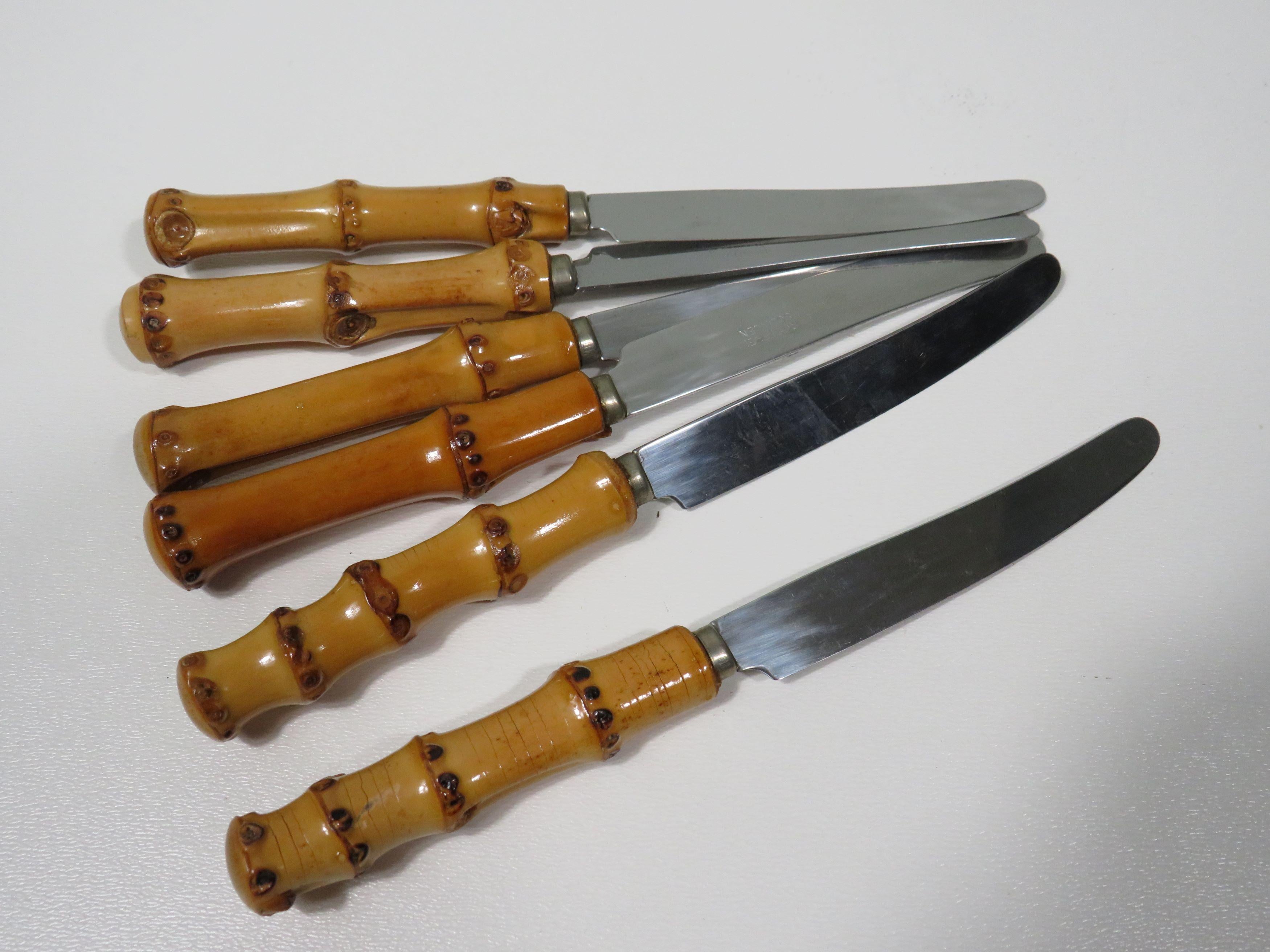 fruit cutlery in holder aus Bambus, Solingen, Deutschland 1950 (20. Jahrhundert) im Angebot