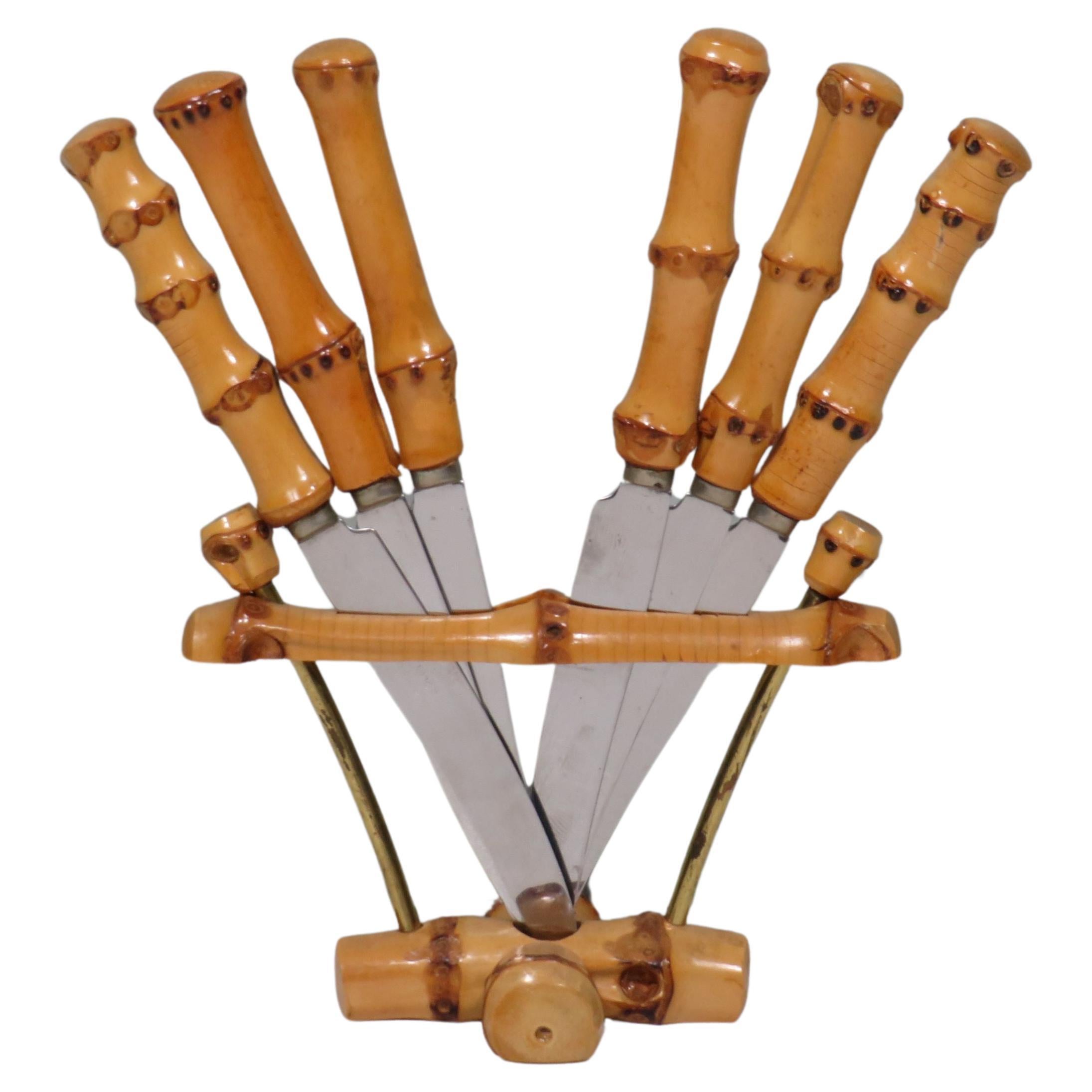 Bamboo fruit cutlery in holder, Solingen Germany 1950 For Sale