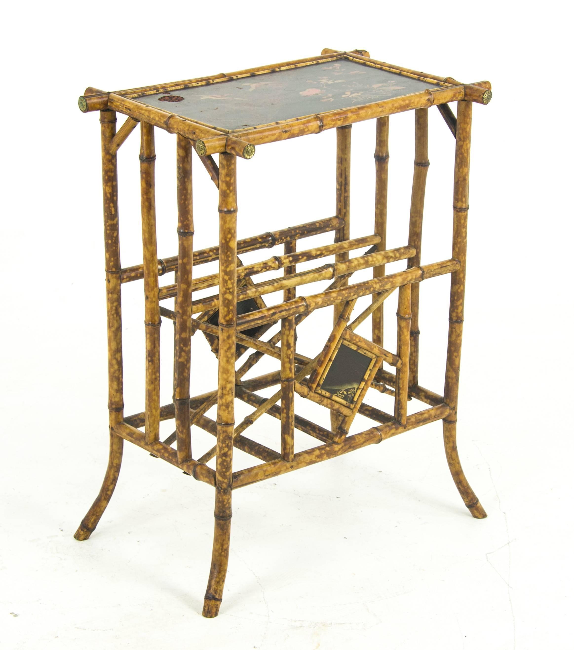 Bamboo Furniture, Antique Magazine Rack, Chinoiserie Panels, Scotland, 1880 In Excellent Condition In Vancouver, BC